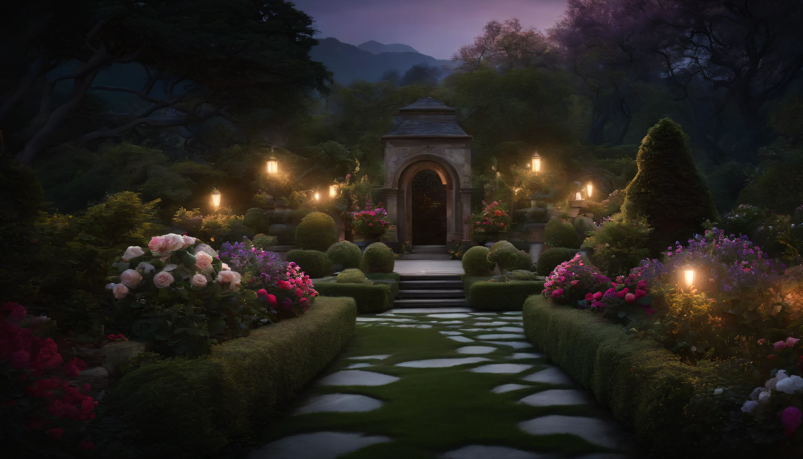 Craft a scene of a tranquil, moonlit garden with blossoming, mystical flowers and an enigmatic gardener who brings life to the darkness