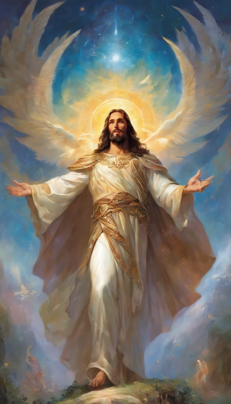 An 8K high-definition portrait of an 18-year-old man(( Jesus Christ full body)) ((An angel man)), (( o Filho de GOD)), GOD, luthien, art of god, GOD da mitologia grega, GOD da Lua, GOD do amor e da paz, beautiful god, Mitologia do GOD da Terra, the god Eros, a stunning portrait of a God, Frank Kelly Freas, Style Karol Bak, ((beautiful face)), Ultra Definition, best qualityer, 32k ultra