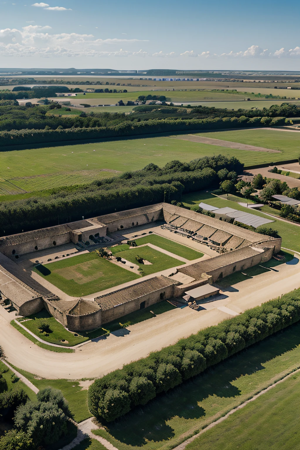 photographie , plan de drone large , camp romain de antique , detailed illustration, master piece, highly quality, Realstic