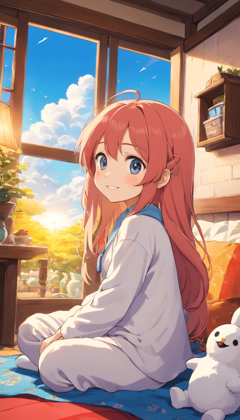 heal，Reject EMO，Very happy，Very happy，Face life with a smile，rays of sunshine，long whitr hair，Furry winter pajamas，clouds house，Snowman pillows，