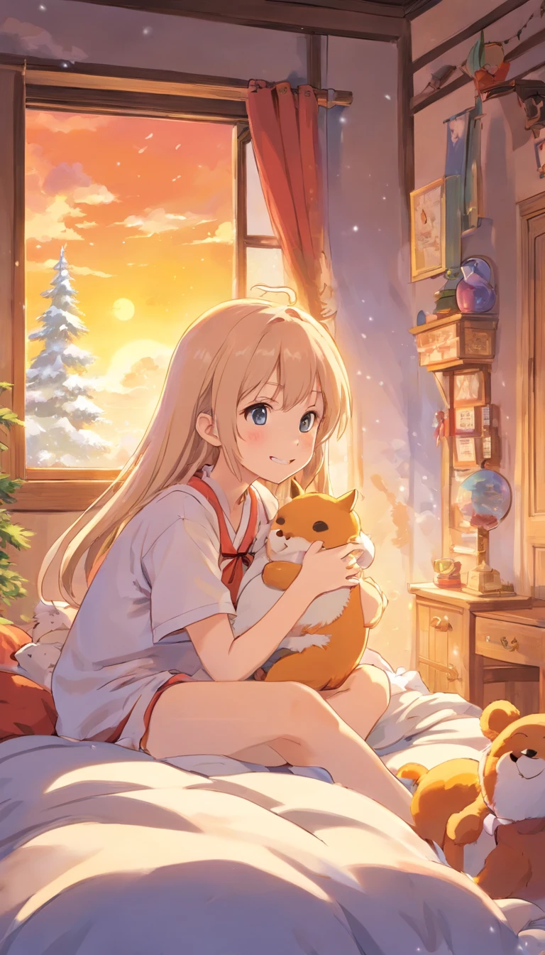 heal,Reject EMO,Very happy,Very happy,Face life with a smile,rays of sunshine,long whitr hair,Furry winter pajamas,clouds house,Snowman pillows,