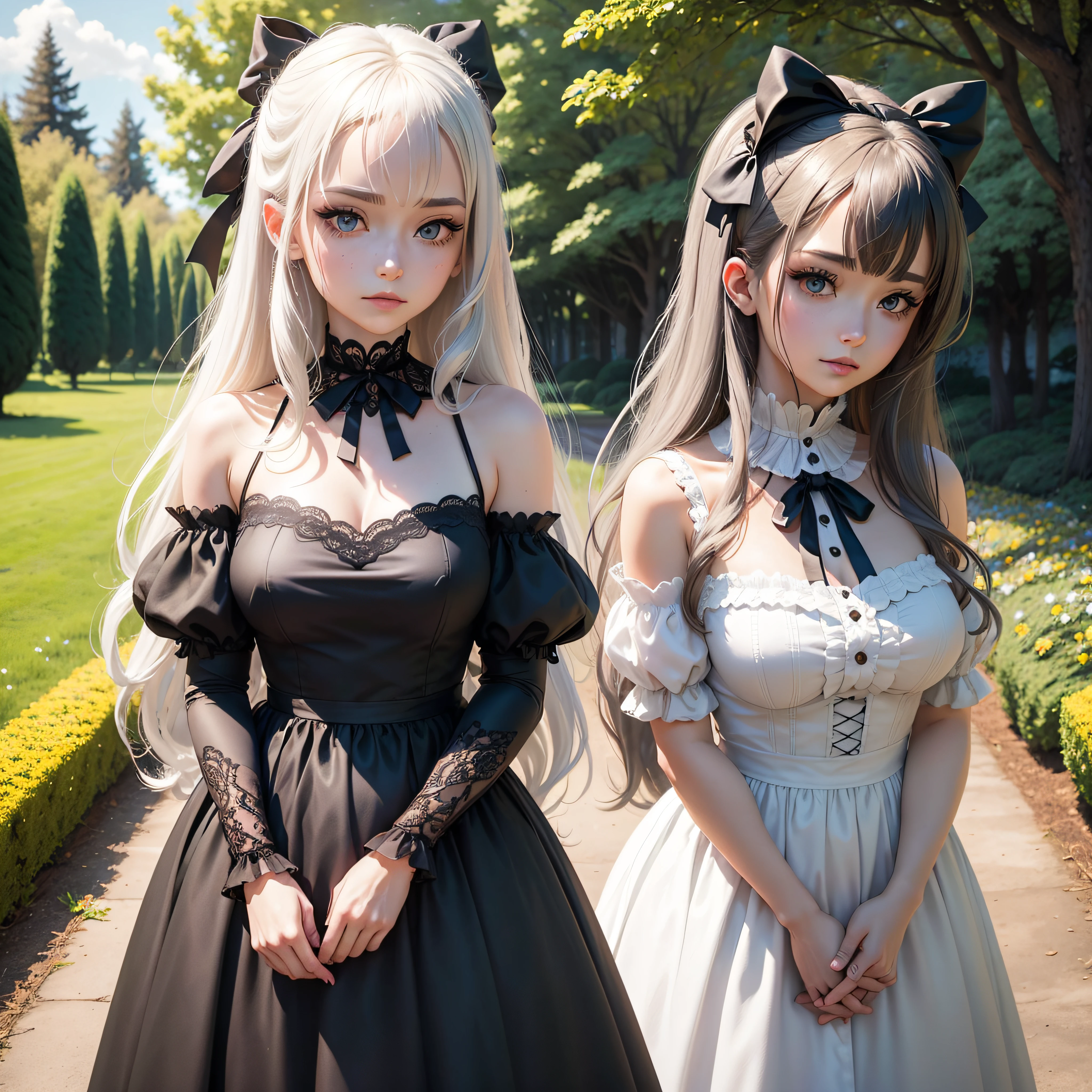 (masutepiece:1.2), (Best Quality:1.2), Perfect eyes, Perfect face, Perfect Lighting, 1girl in, Mature woman Gosgar standing with hands in front of her, Long hair, Complex hairstyle, makeup, Black lips, thick eyelashes, sad, a gloomy, Dressed in Gosgar costume, Black and white dress, frilld, bow ribbon, Puffy sleeves, Bare shoulders, Lacey Choker, Jewelry, peaceful, shush, Chill, Detailed outdoor background, Beautiful Landscapes, Fantasy, Summer, Sunny, sun burn, Flowers, Trees --auto