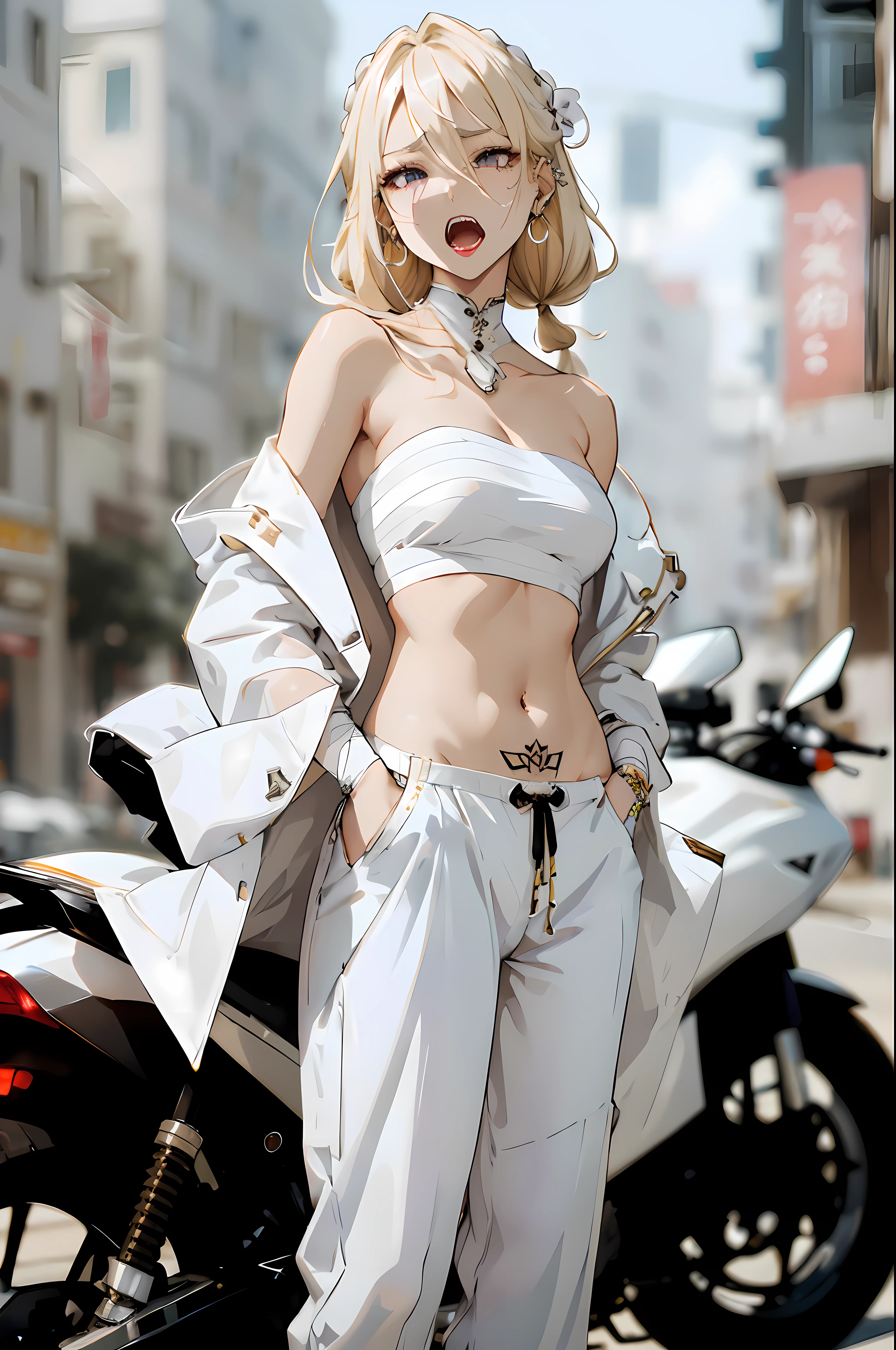 (​master piece:1.4),ultra-quality, Hyper Detailed,Perfect drawing,3D Photography,16K illustrations、(((clearface)))、((Hi-Res))、1 persons、femele、Asian、Keep your hands in your pants pockets、Standing、(((a blond)))、(((Fancy hairstyle))),The tattoo、(((Whitening skin)))、((Violet lipstick))、(Raised corners of the eyes)、((Outrage:1.1))、((chin raised))、(((opens his eyes wide)))、((despise:1.2)),((glares:1.2))、((Big open mouth:1.2))、(((Shout loud:1.3)))、((Wrinkles between the eyebrows))、(numerous piercings in the ears), BREAK (White theme:1.5), (All White Costume:1.5), (Light long coat in white:1.4), (A fusion of white strapless and white bandage:1.4), (white bandages:1.3), (((Bandage the chest and belly))),((White oversized pants, White baggy pants):1.4), (Combat boots:1.2),(Old Style Motorcycle:1.3),(((perking))),Detailed drawing、Perfect Photo