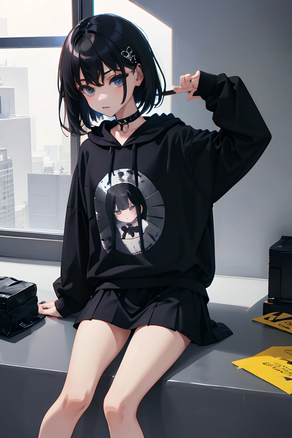 ()，（​masterpiece，Highest Quality），Black short-sleeved hoodie，skirt by the，Goth Punk，A dark-haired，Spy，stas