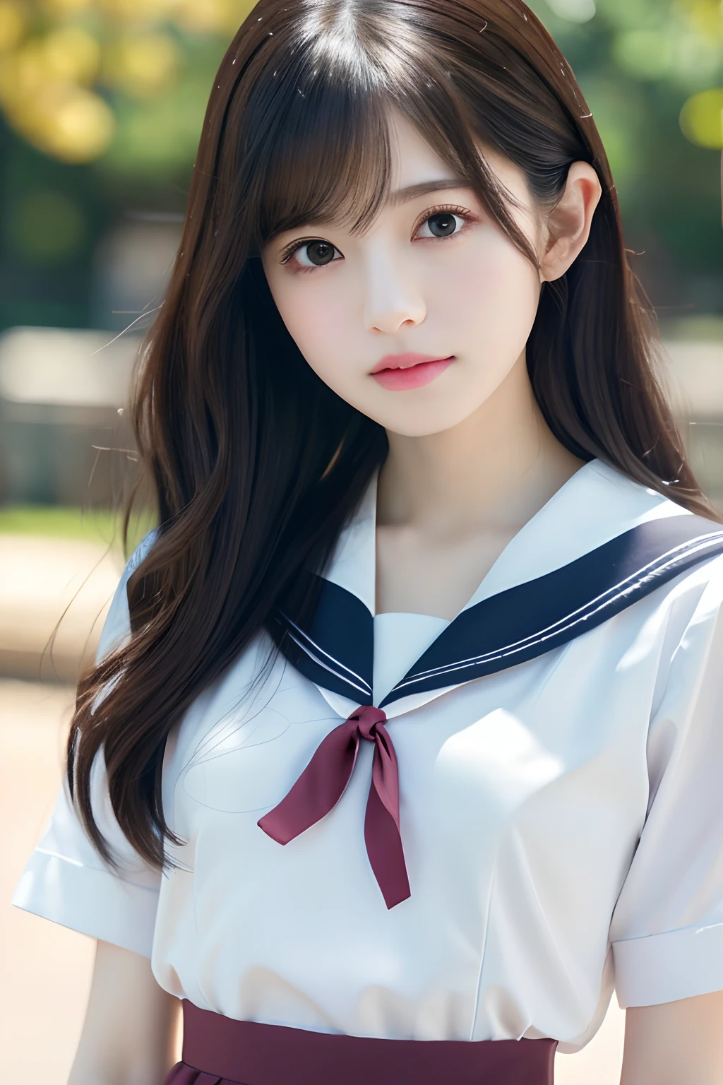 ((highest quality、Masterpiece、High resolution))、(((Zoom photo of upper body))、(A shy smile:1.2)、Light shines in、One -yeld fee、Beautiful Skin、Beautiful Eyes、Sailor suit、Trimmed bangs