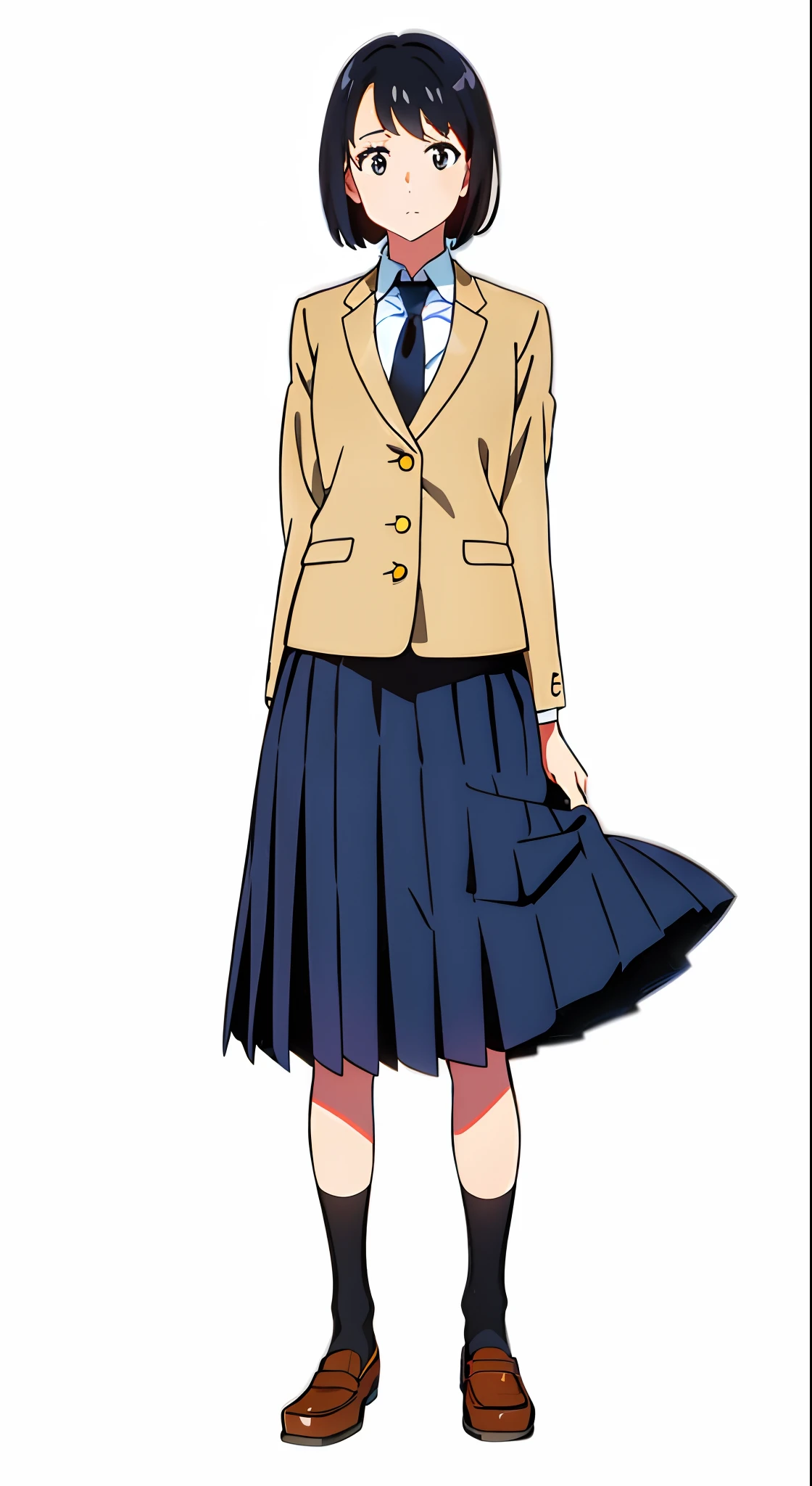 (white background:1.0), (best quality:1.0), (masterpiece:1.0), (full body), (solo:1.0), (1 cute girl:1.0), (long skirt:1.0), (dark blue skirt:1.0), (pleated skirt:1.0), (school uniform beige blazer:1.0), (dark blue necktie:1.0), (black socks:1.0), (loafers:1.0), (tall:1.0), (slender:1.0), (small breasts:1.0), (detailed beautiful eyes:1.0), (detailed beautiful face:1.0), (glowing black eyes:1.0), (short hair:1.0), (strait hair:1.0), (black hair:1.0)
