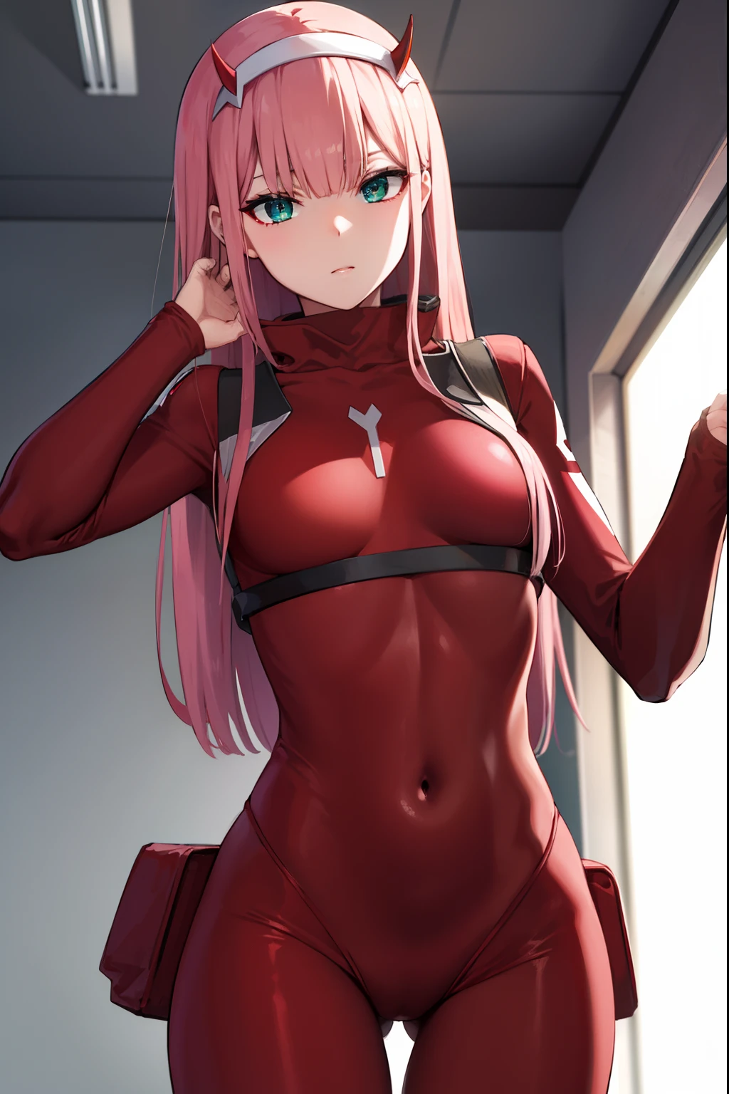 zerotwo, zero two, (green eyes:1.5), hairband, horns, long hair, pink hair, red horns, white hairband,
BREAK bodysuit, covered navel, pilot suit, red bodysuit, science fiction,
BREAK indoors, classroom,
BREAK looking at viewer, BREAK (masterpiece:1.2), best quality, high resolution, unity 8k wallpaper, (illustration:0.8), (beautiful detailed eyes:1.6), extremely detailed face, perfect lighting, extremely detailed CG, (perfect hands, perfect anatomy),