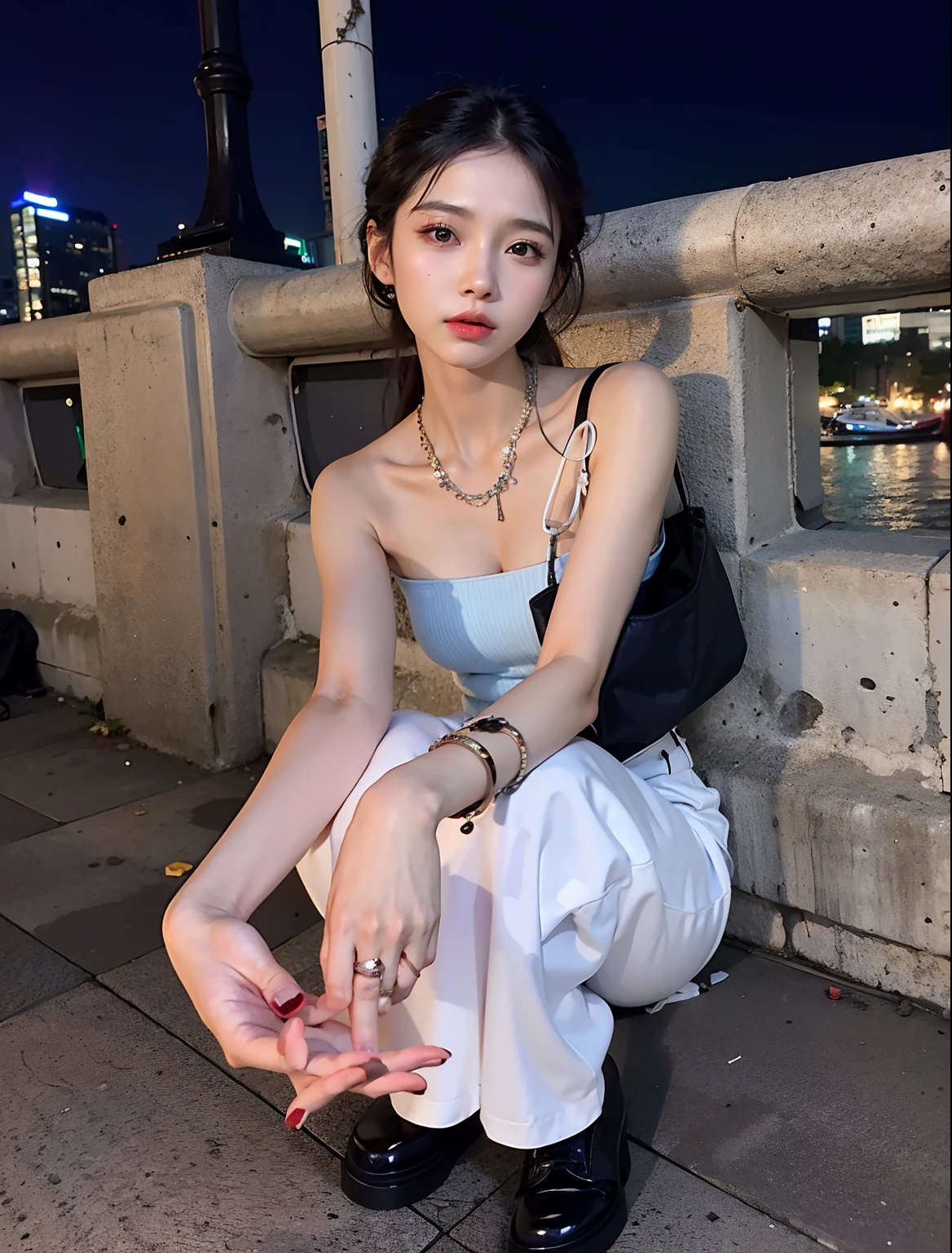 There's a woman sitting on a ledge with her hands on her knees, Xision Wu, gemma chen, xue ele, Wenfei Ye, Xintong Chen, Lulu Chen, Cai Xukun, louise zhang, Sha Xi, Shen Mingchen, gorgeous chinese model, jia, Qifeng Lin, a young asian woman, Wei Wang, Chengyou Liu