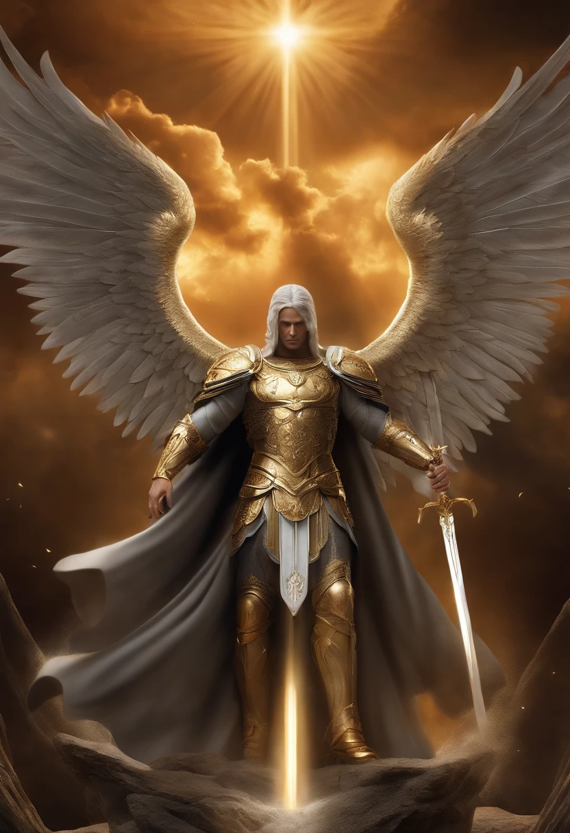 "Generate a high-definition image of the Archangel Michael, depicted in a powerful and heroic posture. He stands in an ethereal environment, bathed in a radiant light emanating from his form. With unwavering determination, he wields a shining sword in his right hand, prepared to destroy darkness and evil. His left hand holds a scale, symbolizing justice and balance. Archangel Michael's expression exudes determination and courage, his piercing gaze meets the gaze of the beholder. His armor is intricately detailed, glowing in shades of silver and gold, adorned with intricate patterns and protective engravings. His majestic wings spread behind him, displaying his immense wingspan and feathers that shine like precious metals. In the background, SOOL RAYS and a celestial battlefield stretches, with celestial beings engaged in a cosmic struggle against malevolent forces.The overall scene exudes an aura of divine power, righteousness, and unwavering protection.