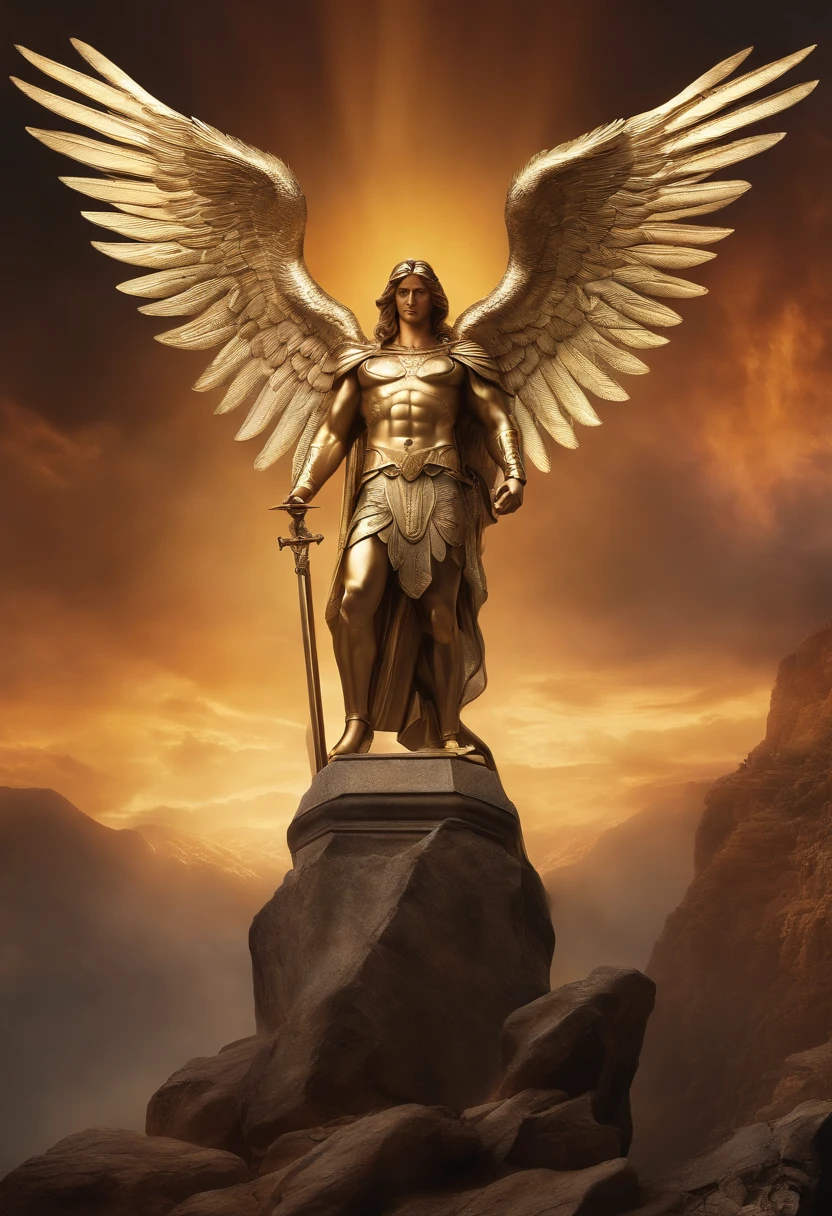 "Generate a high-definition image of the Archangel Michael, depicted in a powerful and heroic posture. He stands in an ethereal environment, bathed in a radiant light emanating from his form. With unwavering determination, he wields a shining sword in his right hand, prepared to destroy darkness and evil. His left hand holds a scale, symbolizing justice and balance. Archangel Michael's expression exudes determination and courage, his piercing gaze meets the gaze of the beholder. His armor is intricately detailed, glowing in shades of silver and gold, adorned with intricate patterns and protective engravings. His majestic wings spread behind him, displaying his immense wingspan and feathers that shine like precious metals. In the background, SOOL RAYS and a celestial battlefield stretches, with celestial beings engaged in a cosmic struggle against malevolent forces.The overall scene exudes an aura of divine power, righteousness, and unwavering protection.