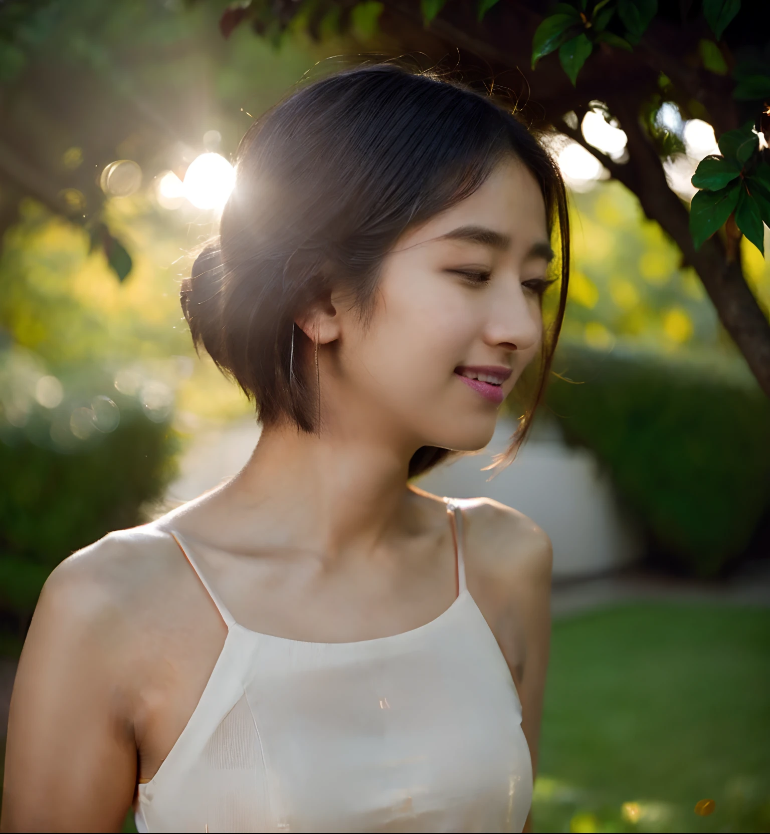 (((Upper body photo, medium shot)))), ((Single eyelid))),(Sunset backlight))),((Lens flare)),((Lens flare)),(In Chinese garden in china clothes)),((Super Soft Focus))))), smiling, (Profile)))))), (Eyes closed)))), twilight, showeringSurrounded by colorful hydrangeas, hydrangeas in the background, ((soft sunset)), (yinchuan:1.5), masterpiece, best quality, raw photo, photorealistic, face, beautiful girl, cute, short hair, (((depth of field)))), high resolution, ultra detail, fine detail, very detailed, cinematic lighting