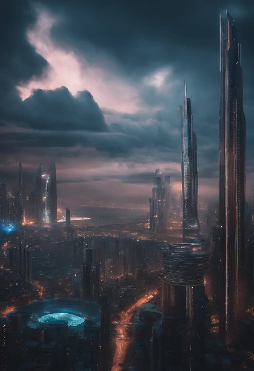 cyberpunk、cidades futuristas、Planeta Terra、Skyscrapers rising through the clouds cyberpunk.SFArte por、utopian city、Megacidades、Dream、qualidade superior obra prima、Belas cidades do futuro montanha space city