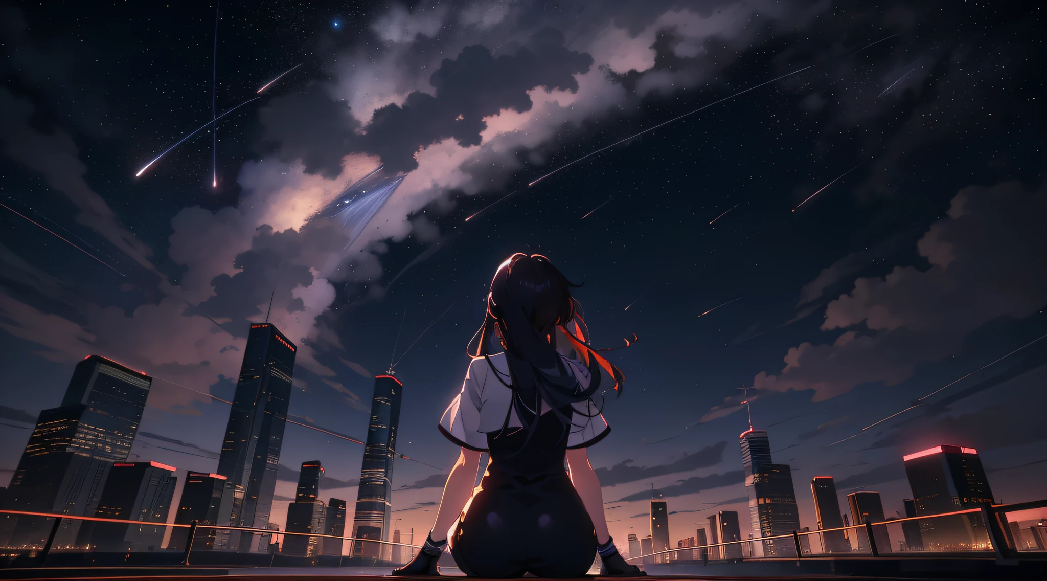 Vast landscape photos, a girl standing on a cityscape, giant buildings, middle of city, middle of downtown, skyrise, looking up at the sky, shooting stars, fireflies, dreams, makoto shinkai cyril rolando, cosmic skies. by makoto shinkai, 4k anime wallpaper, anime wallpaper 4 k, anime wallpaper 4k, anime art wallpaper 4k, anime art wallpaper 4 k, sitting on the cosmic cloudscape, anime art wallpaper 8 k, clearer buildings, straight buildings, visible hair strands