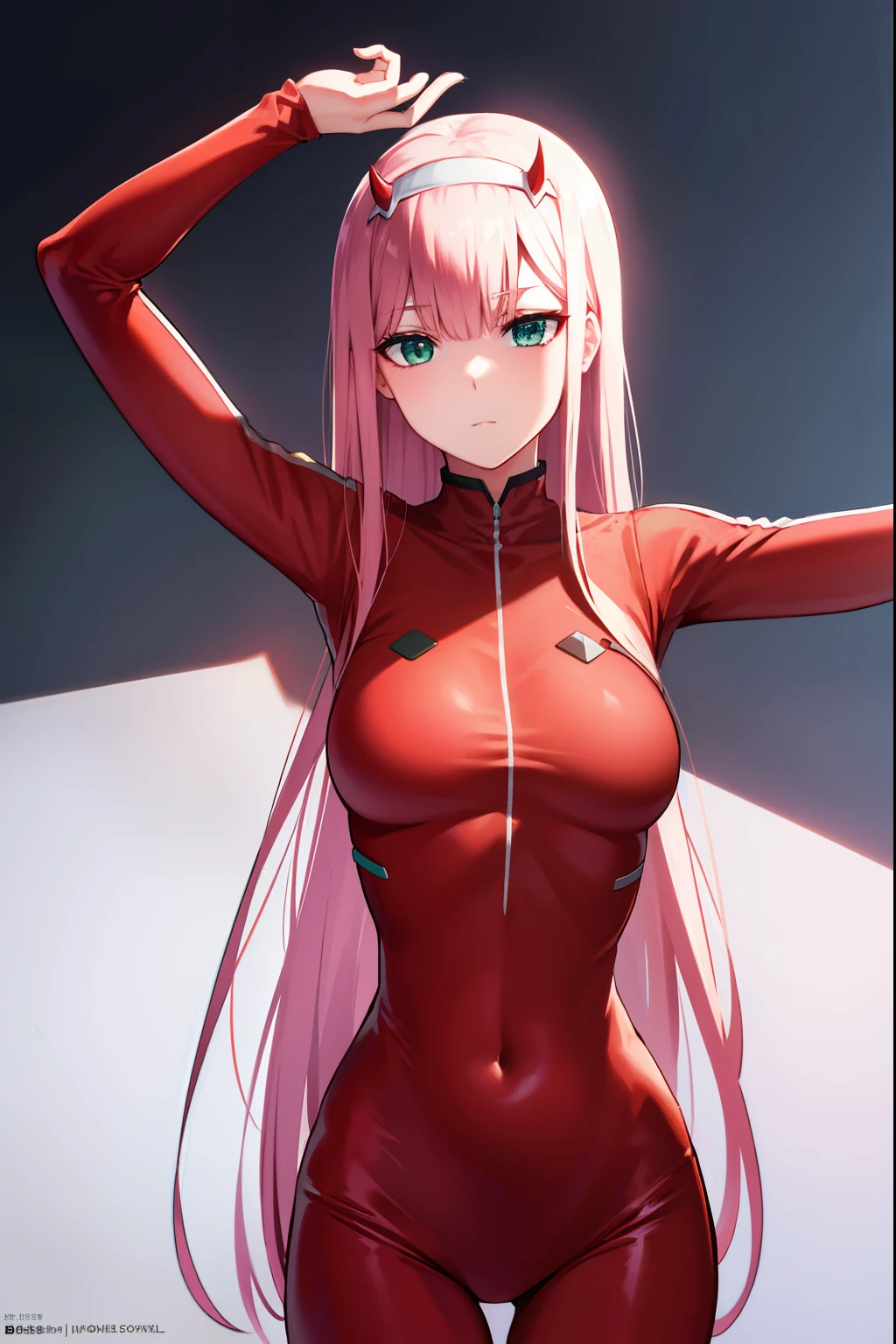 zerotwo, zero two, (green eyes:1.5), hairband, horns, long hair, pink hair, red horns, white hairband,
BREAK bodysuit, covered navel, pilot suit, red bodysuit, science fiction,
BREAK indoors, classroom,
BREAK looking at viewer, BREAK (masterpiece:1.2), best quality, high resolution, unity 8k wallpaper, (illustration:0.8), (beautiful detailed eyes:1.6), extremely detailed face, perfect lighting, extremely detailed CG, (perfect hands, perfect anatomy),