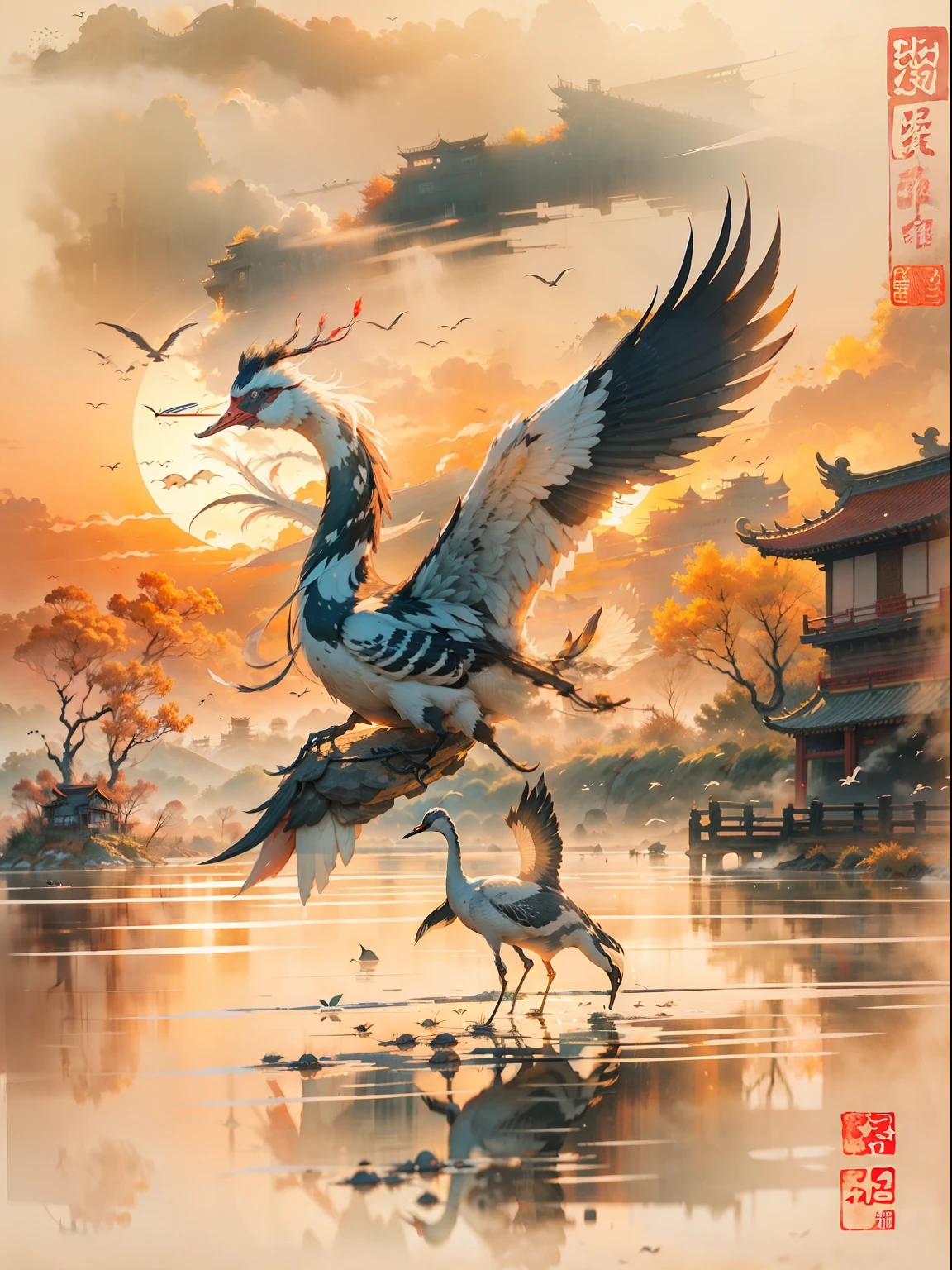 China ink painting,ink,The sunset and the solitary crane fly together,The autumn water is the same for a long time,The beauty of ancient poetry,the setting sun,Wild geese in the sky in the distance,Ancient buildings are scattered