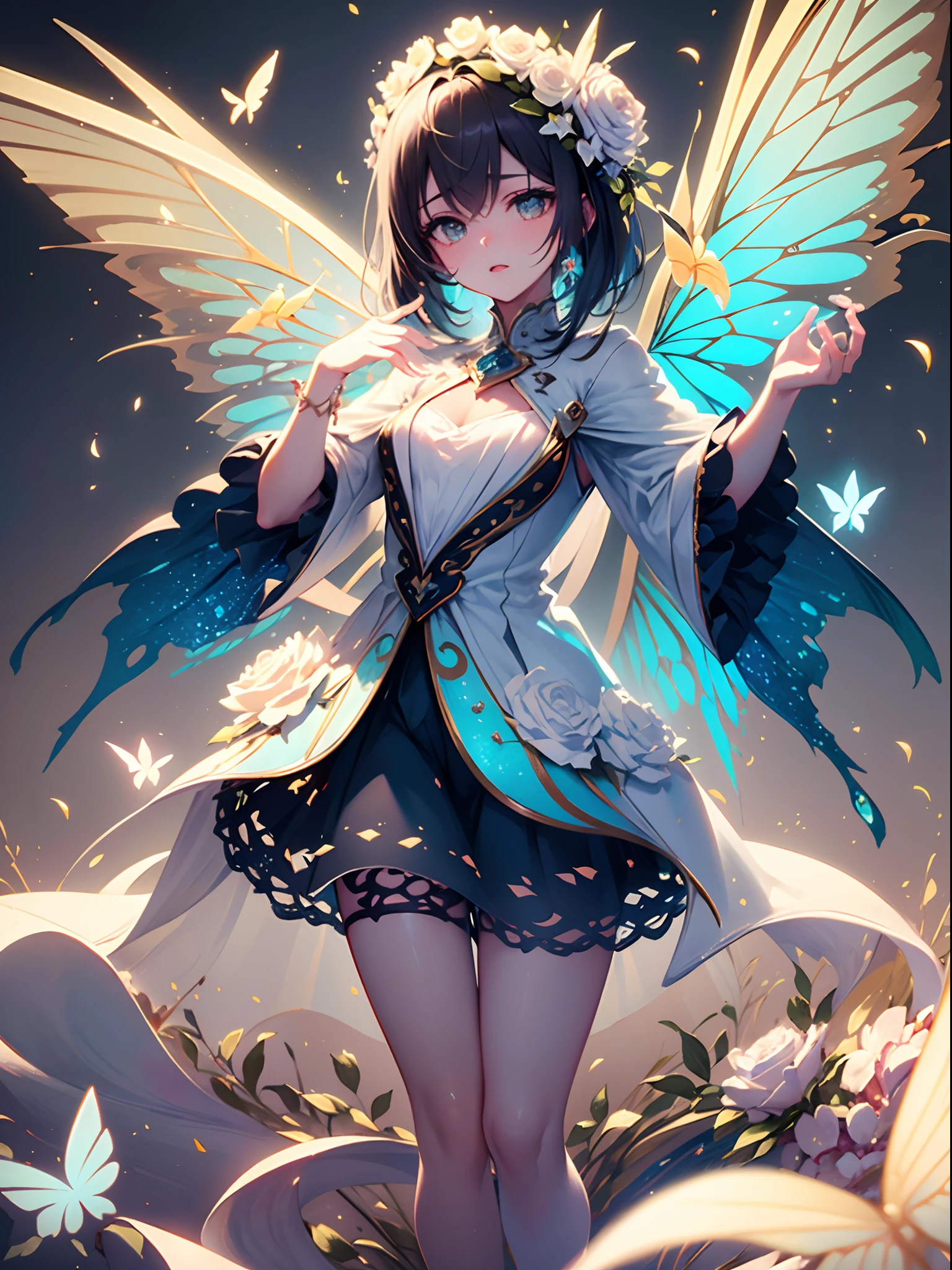 masterpiece, {{{best quality}}}, {{ultra-detailed}}, {illustration}, cinematic angle, {detailed light},cinematic lighting. a beautiful 3d spectral crystal flower, soft fairy mist rose, transparent petals, colorful butterflies flying around the rose,