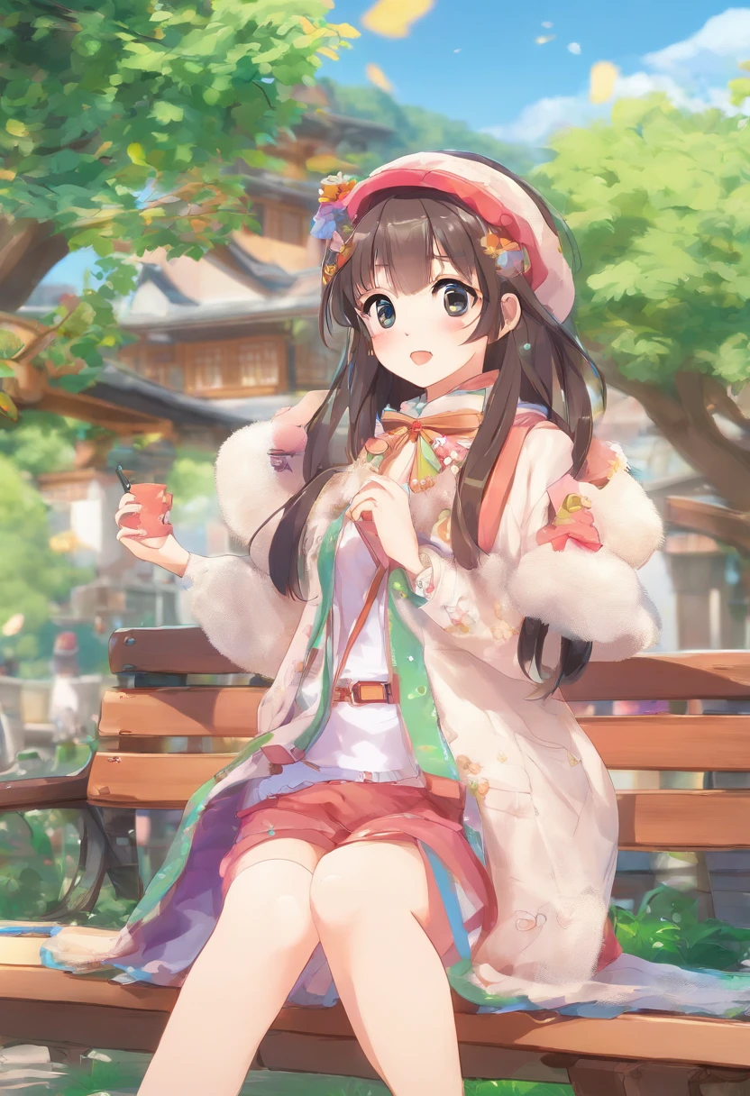Outside, a woman sits on a wooden bench in the rest area of the old station, Wear hair accessories, Fluffy white clothing, black long dress, blacksilk, Wearing a mesh scarf, Place the black suitcase beside you。, black hair, absurdly long hair, colored inner hair, beret, head wreath, nervous, expressionless, Wide-Angle, first-person view, letterboxed, ray tracing, anime, anime style, UHD,Animated flat style