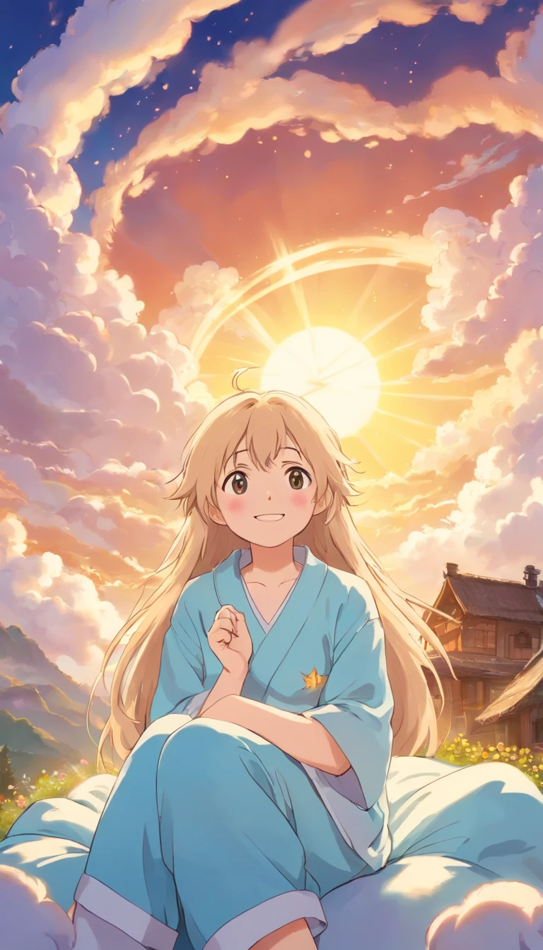 heal,Reject EMO,Very happy,Very happy,Face life with a smile,rays of sunshine,long whitr hair,Cloud pajamas,Cloud Cabin,Cloud pillows,