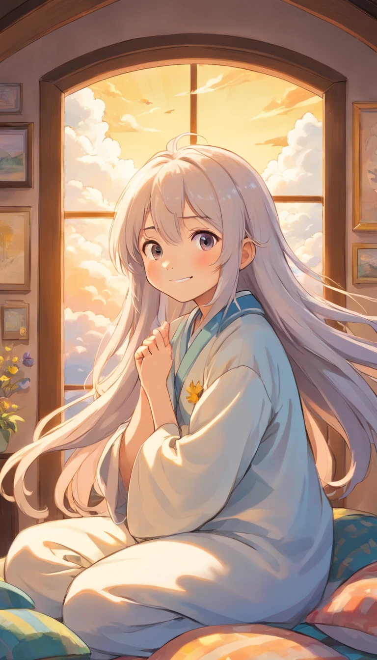 heal,Reject EMO,Very happy,Very happy,Face life with a smile,rays of sunshine,long whitr hair,Cloud pajamas,Cloud Cabin,Cloud pillows,