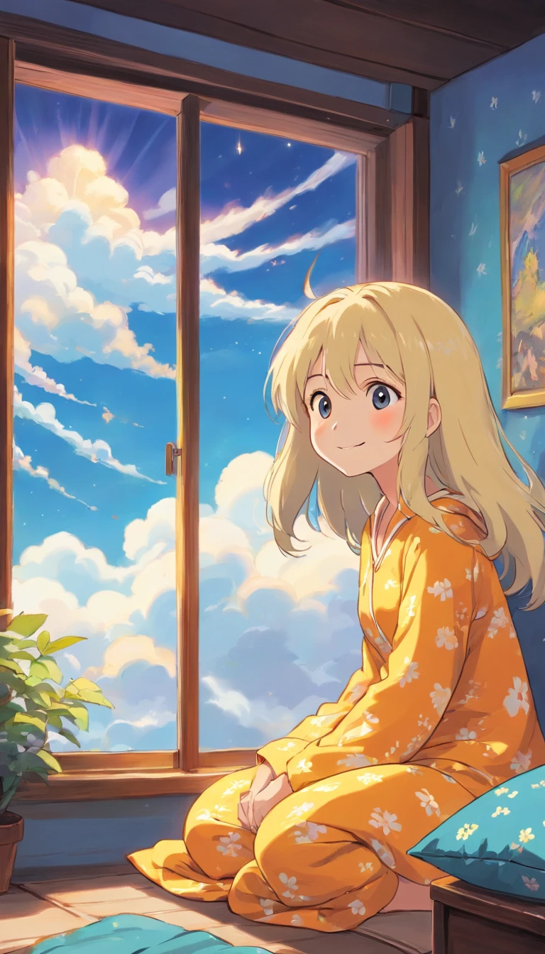 heal,Reject EMO,Very happy,Very happy,Face life with a smile,rays of sunshine,long whitr hair,Cloud pajamas,Cloud Cabin,Cloud pillows,