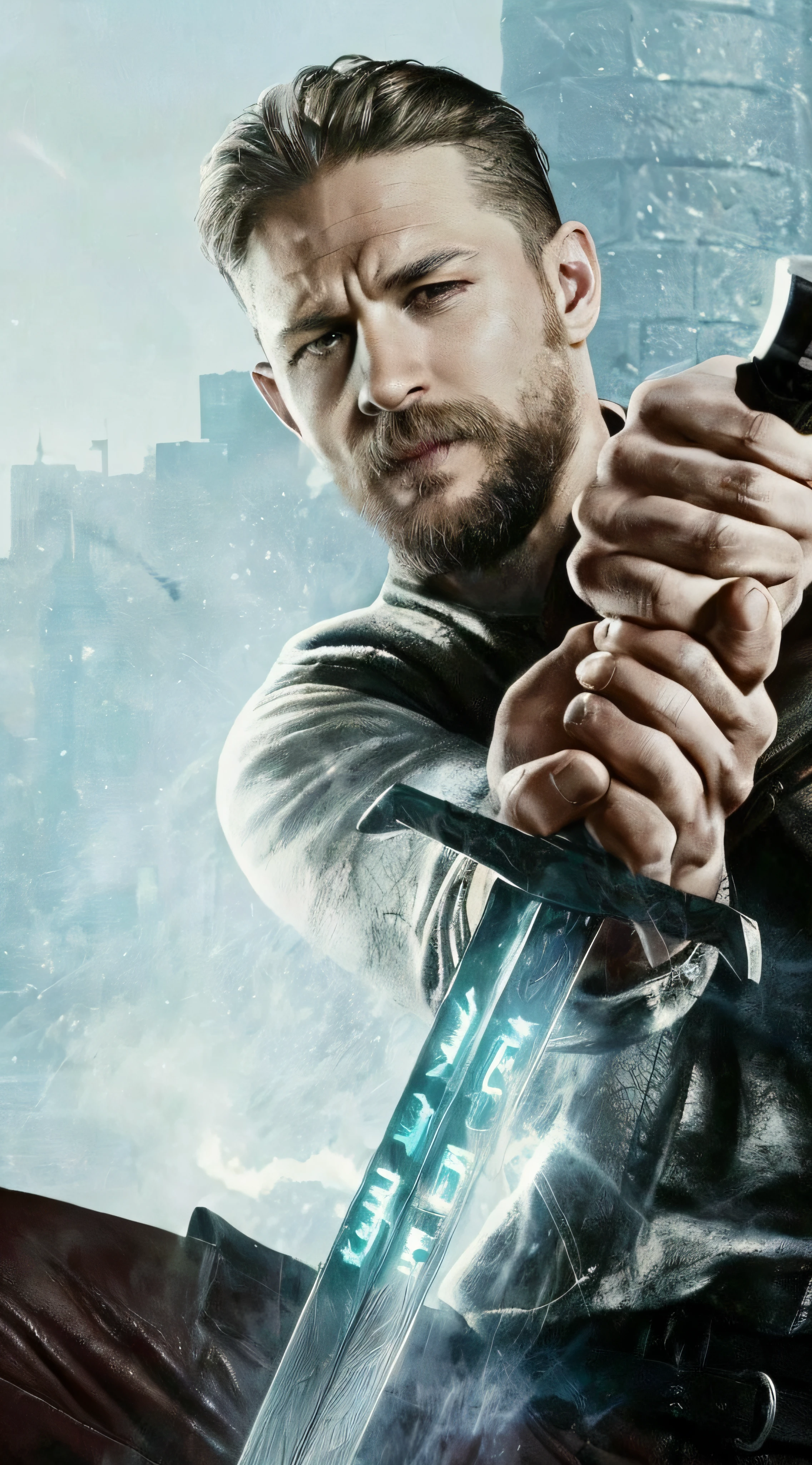 a close up of a man holding a knife in a city, movie poster character, movie promotional image, holds a sword, while holding a sword, tom hardy, action film, masterpice, walter white as thor, character poster, clutching a sword, fanart, holding a sword, holy sword in his hands, cinematic action shot, buster sword