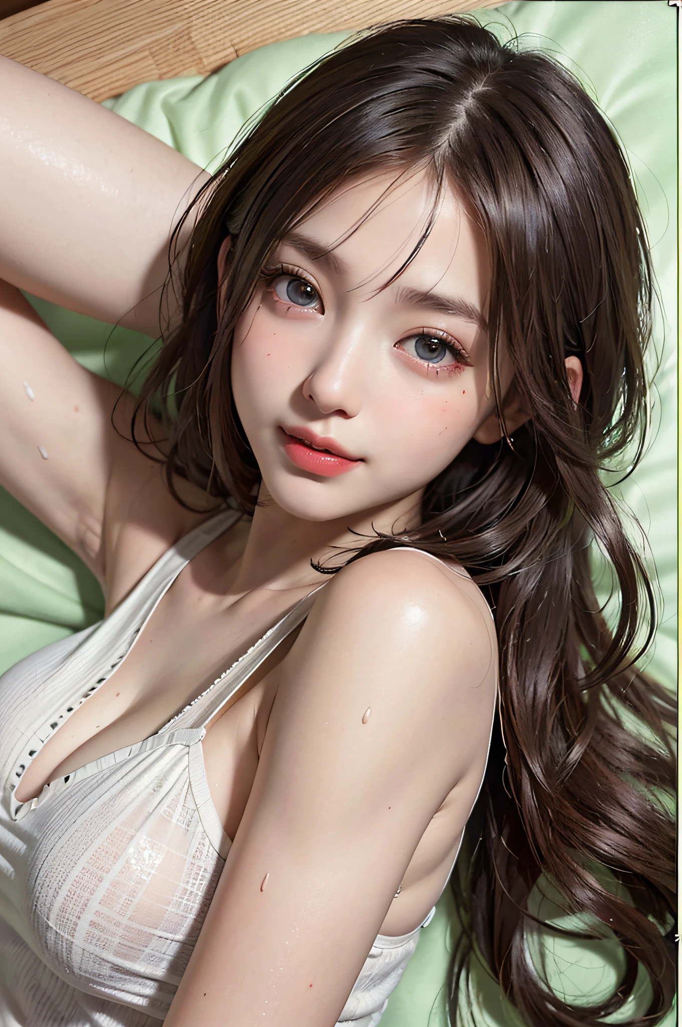 (Ultra Real), (Illustration), (High Resolution), (8K), (Very Detailed), (Best Illustration), (Beautiful Detailed Eyes), (Best Quality), (Ultra Detailed), (Masterpiece), (Wallpaper), (Detailed Face), Bed, Upper Body, face Up, Armpits, Smiles, Plump,Solo,Simple White Tank Top Girl, Sweaty, Japan Person