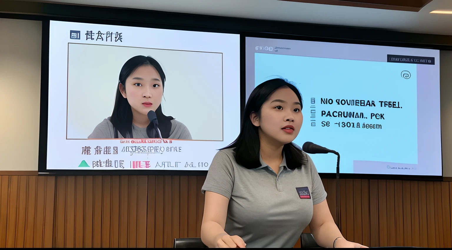 Fat thai woman with round face, 80kg weight, wearing polo grey tshirt, black pant, giving presentation in meeting, behind projector screen, graph showing on the screen, realistic, 8k