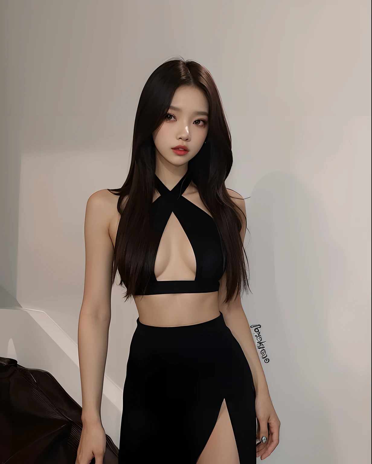 um close up de uma mulher com um vestido preto posando para uma foto, Roupa aberta v peito, Modelo de moda feminina coreana, linda mulher coreana jovem, usando um top cropped sexy, jennie blackpink, topo de cabresto preto, Mulher sul-coreana bonita, Jisoo do Blackpink, jisoo do blackpink, cruel korean goth girl, coreana, jossi do blackpink, Xision Wu