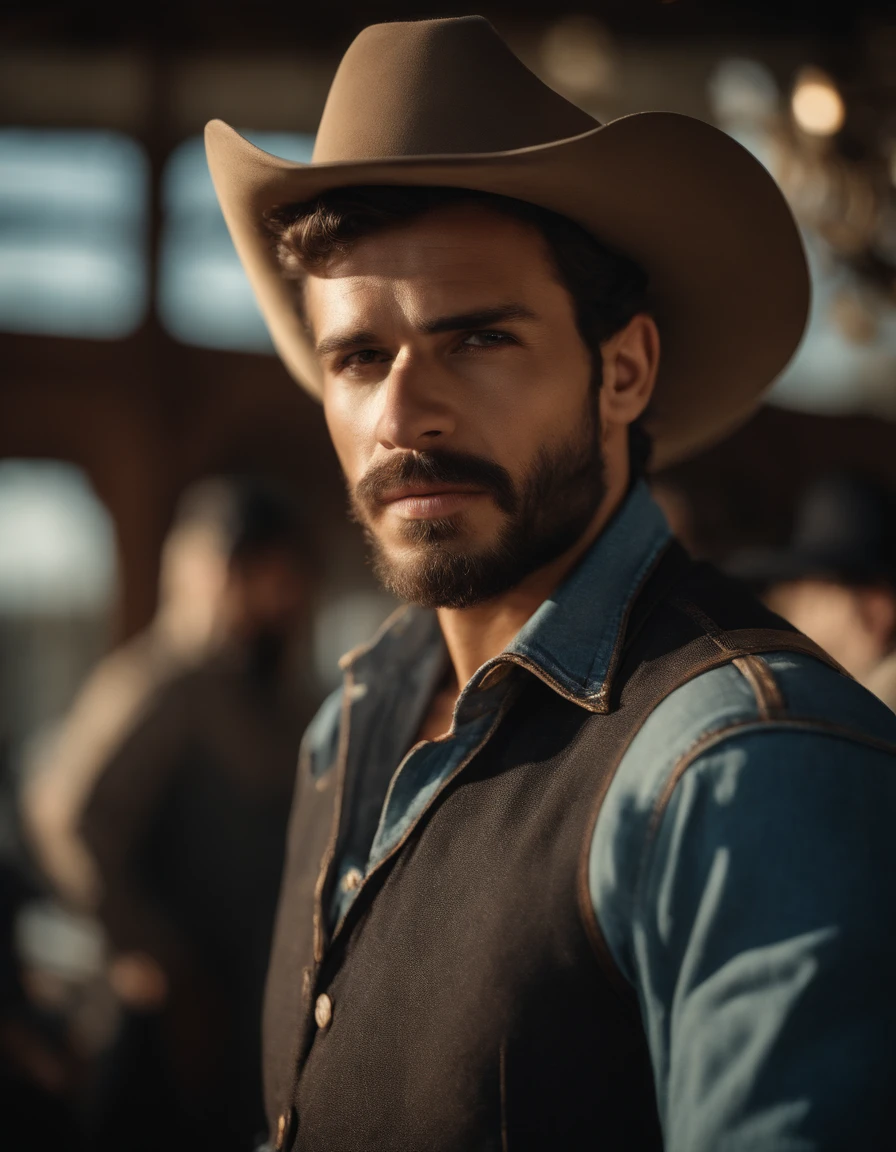 Cinematic portrait, ((Upper body)), Facing the audience, (reality :1.3), most beautiful artwork photo in the world, A man looks at the camera, Vintage denim outfits, Western cowboy, Detailed beautiful face, action shot, (Intricate :1.4), Western background, photograph realistic, In the daytime, CG, art stand
