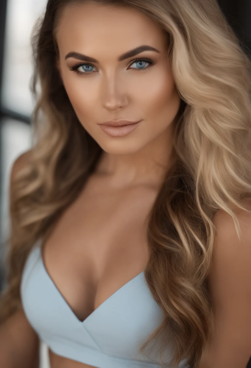 Two very similar women are standing next to each other, one black and one white. (Mikayla Demaiter) professional, (4k photo:1.1), (Sharp focus:1.3), high detail, wearing (tight shirt:1.2), beautiful detailed face, blue eyes, long blonde hair, (attractive young woman:1.3), (seductive:1.1), (blushing:1.1), hourglass body shape, small round breasts, wide hips, hyper-realistic