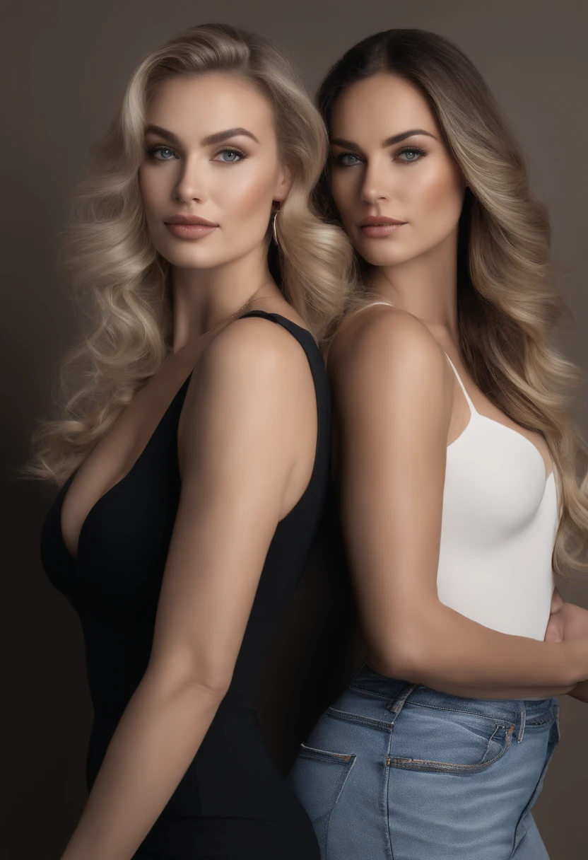 Two very similar women are standing next to each other, one black and one white. (Mikayla Demaiter) professional, (4k photo:1.1), (Sharp focus:1.3), high detail, wearing (tight shirt:1.2), beautiful detailed face, blue eyes, long blonde hair, (attractive young woman:1.3), (seductive:1.1), (blushing:1.1), hourglass body shape, small round breasts, wide hips, hyper-realistic