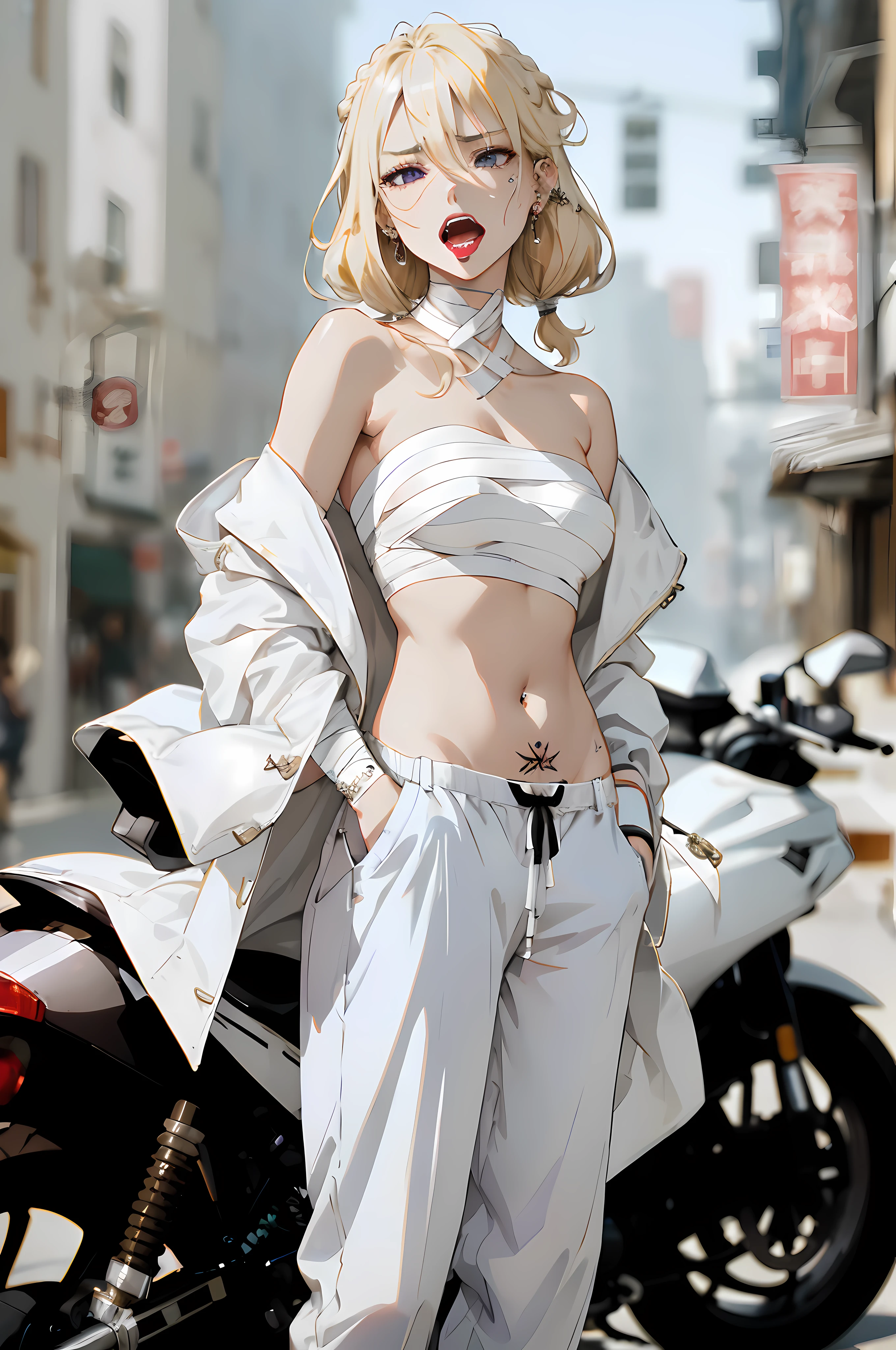 (master piece:1.4),ultra-quality, Hyper Detailed,Perfect drawing,3D Photography,16K illustrations、(((clearface)))、((Hi-Res))、1 persons、femele、Asian、Keep your hands in your pants pockets、Standing、(((a blond)))、(((Fancy hairstyle))),The tattoo、(((Whitening skin)))、((Violet lipstick))、(Raised corners of the eyes)、((Outrage:1.1))、((chin raised))、(((opens his eyes wide)))、((despise:1.2)),((glares:1.2))、((Big open mouth:1.2))、(((Shout loud:1.3)))、((Wrinkles between the eyebrows))、(numerous piercings in the ears), BREAK (White theme:1.5), (Immaculate costume:1.5), (Light long coat in white:1.4), (A fusion of white strapless and white bandage:1.4), (white bandages:1.3), (((Bandage the chest and belly))),((White oversized pants, White baggy pants):1.4), (Combat boots:1.2),(Old Style Motorcycle:1.3),(((perking))),Detailed drawing、Perfect Photo