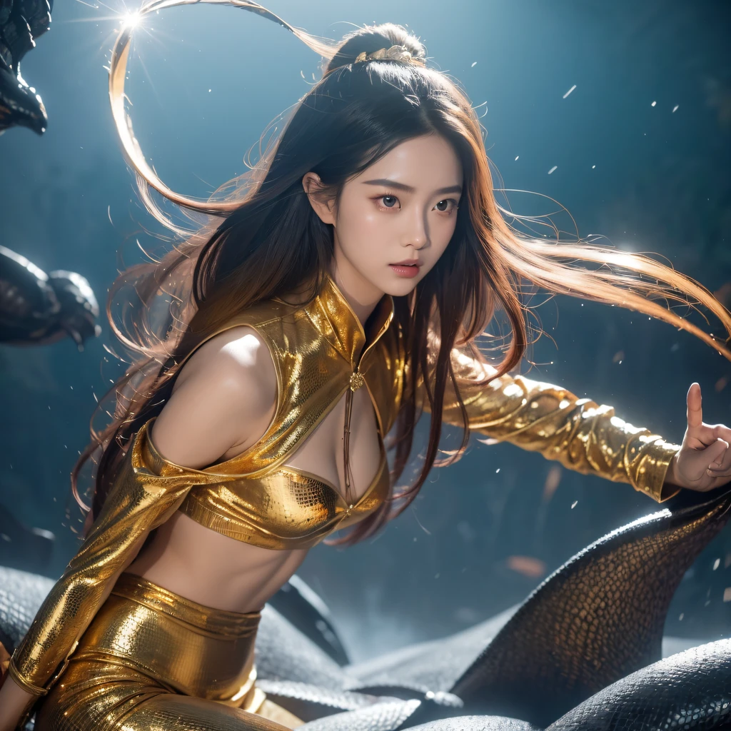 cinematic cgsociety，Flying Nine-Tailed Light Blue Sky Division Flame Long-haired Fox Star，een Erotica，Torch night black golden orange brocade silk snake print silk pants，Rouge diamond tulle sheer lizard-patterned leggings，Fat woman space fly in the snow，Front view，Pure transparency，Wear boxing gloves，Wear thick-framed reflective sunglasses with gold wire，Panorama ultra-wide angle，extremely happy，The texture of the real person is delicate，Strong visual impact，hyper-detailing，Dream girl，Refined face，prettyeyes，Hair strands float in the air， cherry Models，Zhou Xiaotong，crystal-clear，Good sense of perspective，Light and shadow effects，16K smooth，Surface reflected light,，Tropical canyon battle scene、Chinese big breasts、Quaint、three kingdom、ember、100 people、Telephoto vista（CG）、Intense CG battles、high detal、masuter piece、NSFW，Multi-layered long-sleeved gauze garment，Quick-dry vest，Linen sweater，Crocodile skin cape，golden shoulder pads, Silver hammer pattern cape, Burgundy body hair，Water vapor female spy，Shower buttocks green fruit milk jelly flat chest，Pine silk fish net knee brace space dance，Hexagonal prism，Put on a pineapple knife sprinkled with gold，extremely happy，Boundy winter rain（Tropical canyon battle scene）（（Scenes））(Extremely detailed Cg Unity 8K wallpaper,Masterpiece, Best quality, Ultra-detailed)He played Huang Yaoshi in the movie，