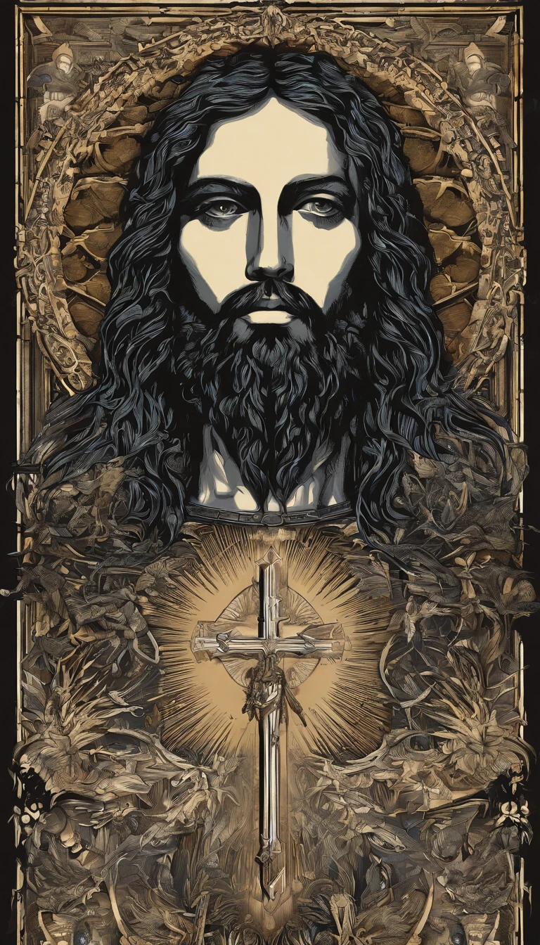 Uma pintura de Jesus Cristo, com um belo rosto com barba,((1 homem)), ((o Filho de Deus)), various positions, ((corpo inteiro)), Frank Kelly Freas, Estilo Karol Bak, melhor qualidade,32k ultra qualidade, qualidade do papel de desfile, imagem do filme, Classic 8K