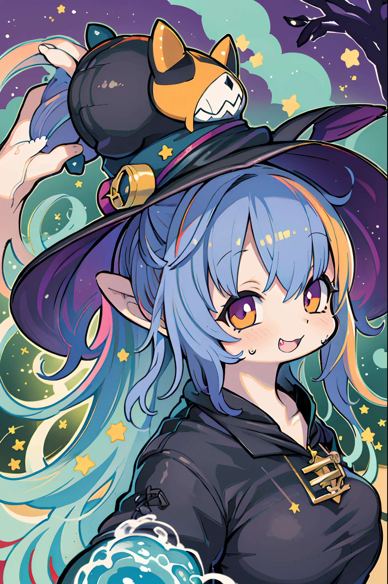 Charming Halloween 12 year old witch, Cartoon style, 2D, planar vector, Character Design, T-shirt design, Colorful splashes, Vector art, Fantasy Art, Watercolor effect,Digital Painting, white bg, 8K