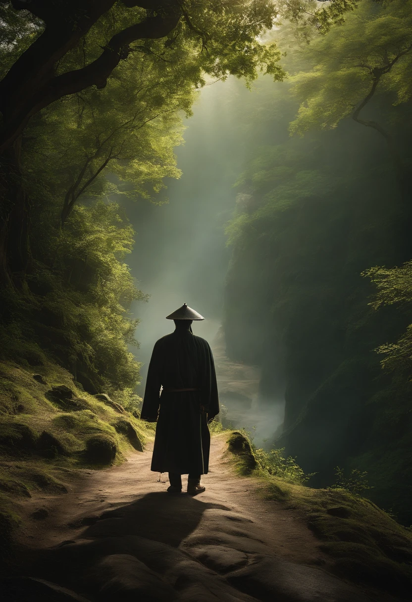 Endless world of scenery。It depicts a single figure wearing a mask, Standing in the center。Only the head is swinging back。Man is freed from the bondage of yesterday、Step into uncharted territory, Beyond。The road is curved、Invisible prospects。His feet are mossy rocky surfaces、Meaning: There is light, It symbolizes hope for the future.。Behind it is a slender symbol, Pointing to the past.、By this、His new journey will be even brighter。