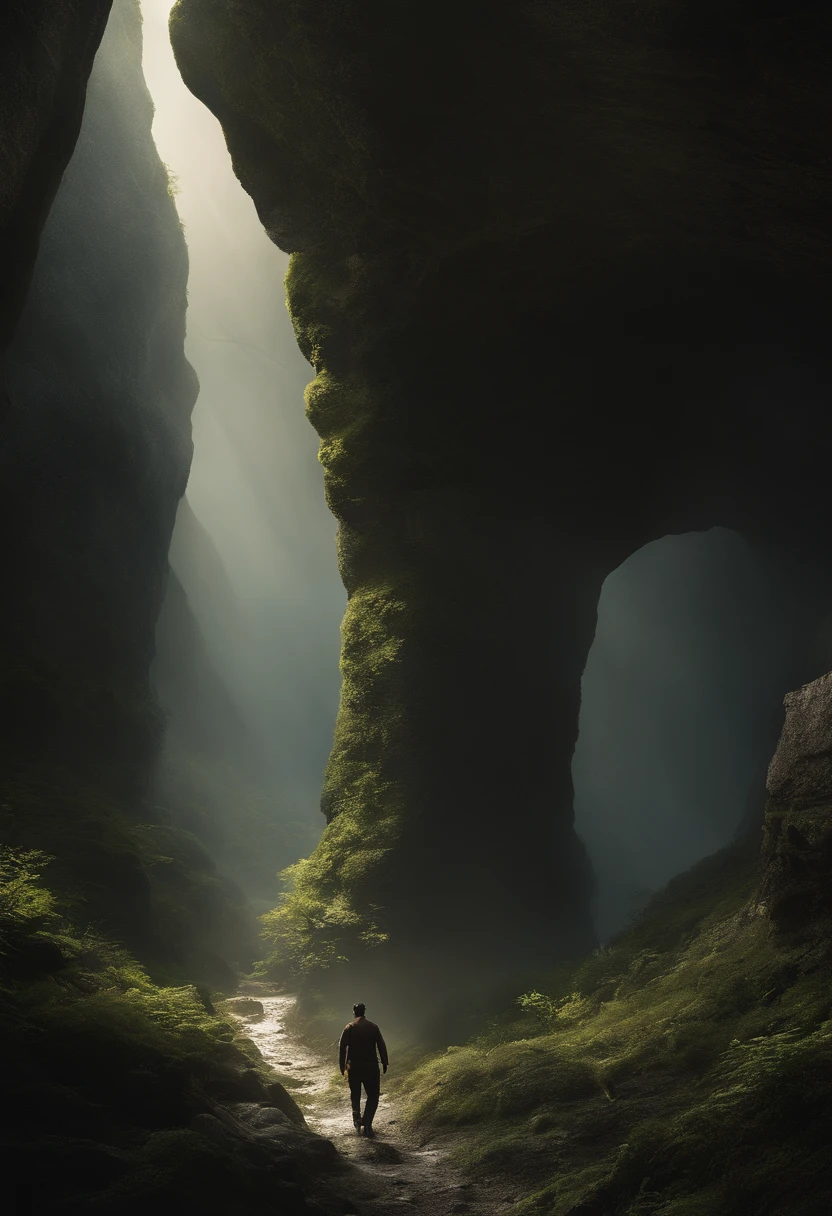 Endless world of scenery。It depicts a single figure wearing a mask, Standing in the center。Only the head is swinging back。Man is freed from the bondage of yesterday、Step into uncharted territory, Beyond。The road is curved、Invisible prospects。His feet are mossy rocky surfaces、Meaning: There is light, It symbolizes hope for the future.。Behind it is a slender symbol, Pointing to the past.、By this、His new journey will be even brighter。