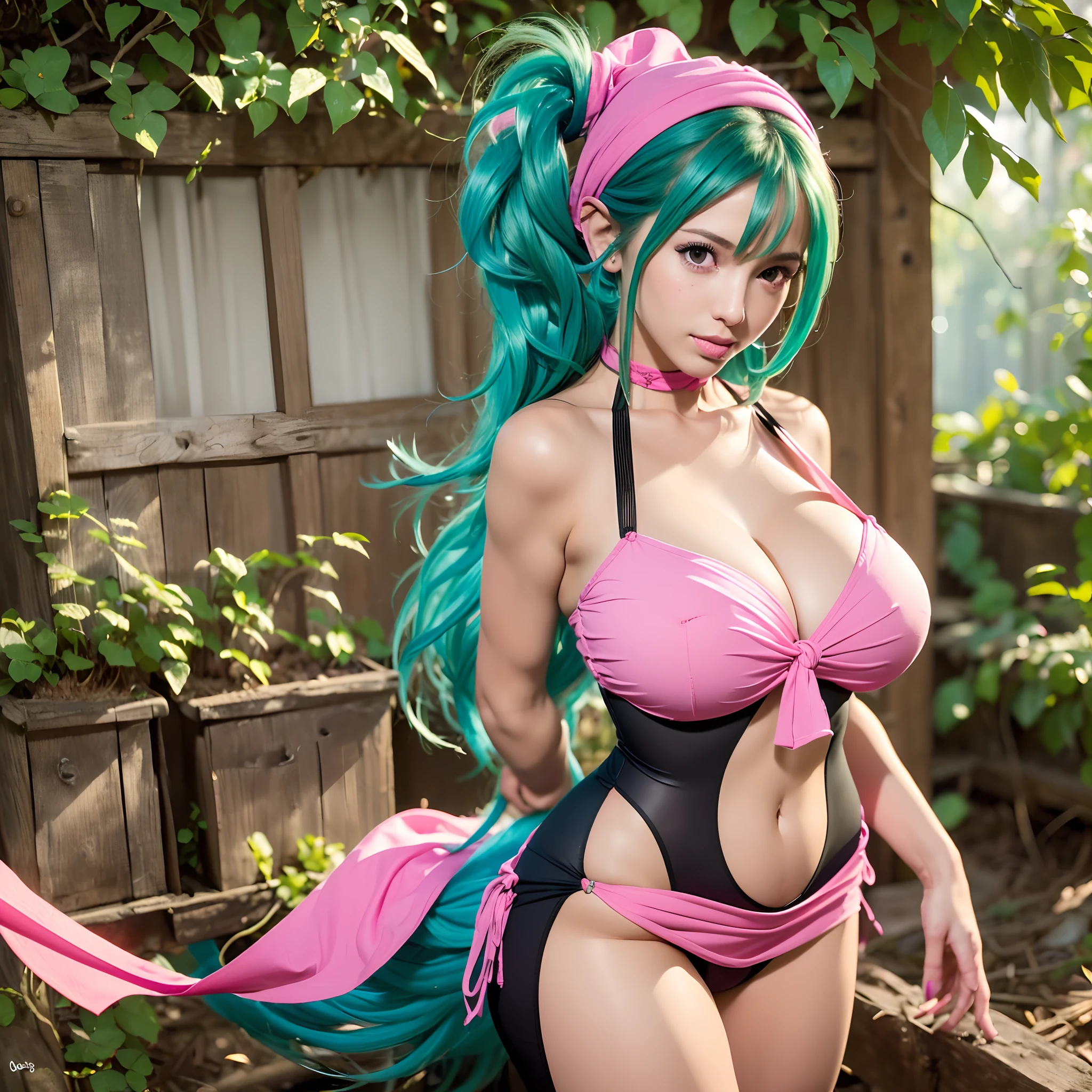 (masterpiece:1.2, Best Quality:1.2, 32K, High resolution), ((Ultra-realistic portrait of Juli, 1girl in, Green hair, Ponytail, body suit, Clothes Cutout, Bike Shorts, pink sarong, navel cutout, fish ear:1.35, monster tail:1.25, long Tail:1.25, tanned Skins:1.1)), (huge cleavage:1.3, huge tits:1.3, huge boobs:1.3, huge breasts:1.3, Exposed shaved armpits:1.2), (Detailed face, Detailed skin texture), (in Abandoned hut:1.3, farms:1.1)