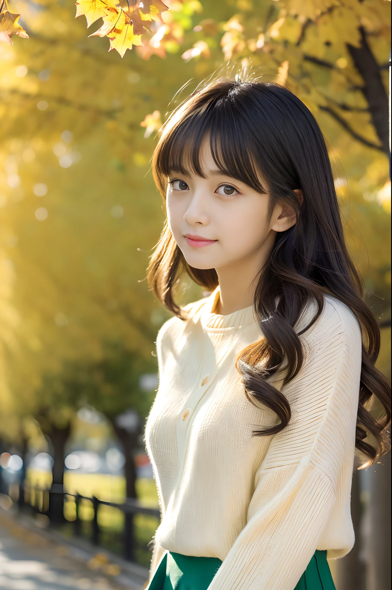 (Raw photo:1.2), (Photorealistic), Beautiful detailed girl, Very detailed eyes and face, Beautiful detailed eyes, Huge file size, High resolution, Very detailed, Best Quality, [masutepiece:1.6], Illustration, Very detailed, Fine detail, Best Quality, 8K Wallpaper, Movie Lighting, 15-year-old idol of Japan, There are countless ginkgo trees around. 
, tree-lined street, Countless yellow and green ginkgo leaves flutter, kawaii eyes, Long wavy black hair,  White sweater,  Brown pleated skirt, Red ribbons, Black boots, Slim Boti, Immature body, Young Face, Smaller chest,   Ginkgo biloba street tree,Autumn landscape, Autumn sunny, Sardine cloud, bright expression