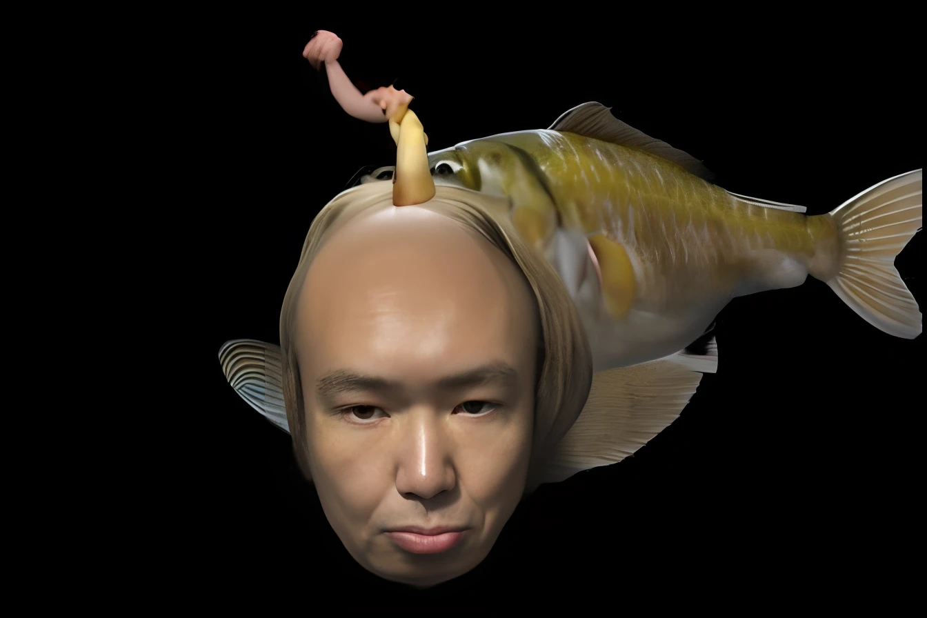 Close-up portrait of a person with a fish head isolated on a black background, Chicken face morphing fish head, Fish face, japanese cgi, Fish flying overhead, fish man, Takeyuki Kanda, Yayoi Kasuma, anime cgi, 3d model of a japanese mascot, 3 Dmax, jin kagetsu, His head is a pear