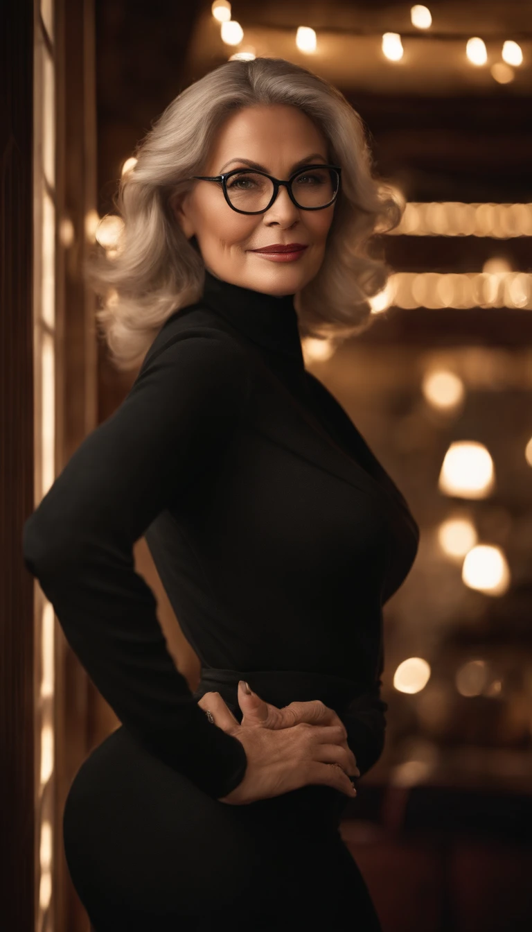 ((60+ year-old)), (beautiful, elegant, graceful, wise, kind, weathered and well-defined facial features, agelines, wrinkles in face) Caucasian female model (stylish black-rimmed glasses, eyes looking directly at the camera), silver-colored hair (in a voluminous bob hair style), well-toned, curvaceous body, wearing a form-fitting Christmas-themed winter coat (that accentuates her hourglass figure, cinched at the waist, flares gracefully at the hips) and Christmas-themed attire and knee-high boots (chic, fashionable), halo lighting effect, golden glow of the North Pole's twilight, dynamic pose), modernized Santa's North Pole toy workshop where technology meets tradition, dynamic angle, (dynamic pose), black outline around her, octane 4K, ultra realistic, super high resolution, best quality, masterpiece, depth of field, realistic, photo-realistic, cinematic, dynamic lighting, perfect body, perfect face, perfect hands, detailed eyes, best quality, masterpiece, super detailed, High detail RAW photo, professional photograph, ultra-detailed, color grading, extremely detailed, 8k,perfect body, perfect face, ((full body shot)), widescreen, wide angle, zoomed out, perfect huge boobs, nude