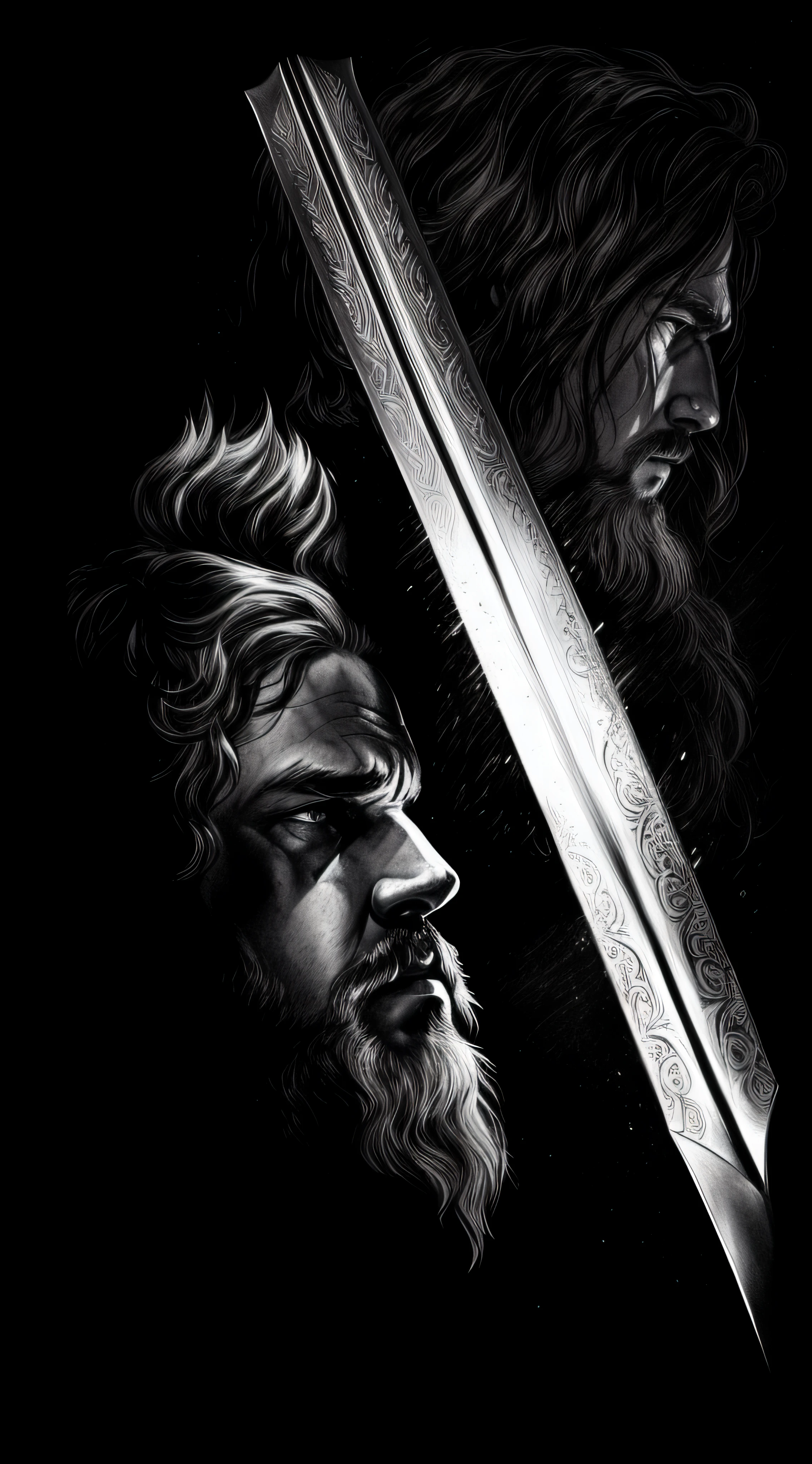 a black and white drawing of a man holding a sword, game of throne art, by ridley scott, martin ansin artwork portrait, epic pencil illustration, epic portrait illustration, inspired by ridley scott, conan the barbarian illustration, black and white vector art, nicolas delort, viking warrior illustration, martin ansin, by Tomasz Jedruszek
