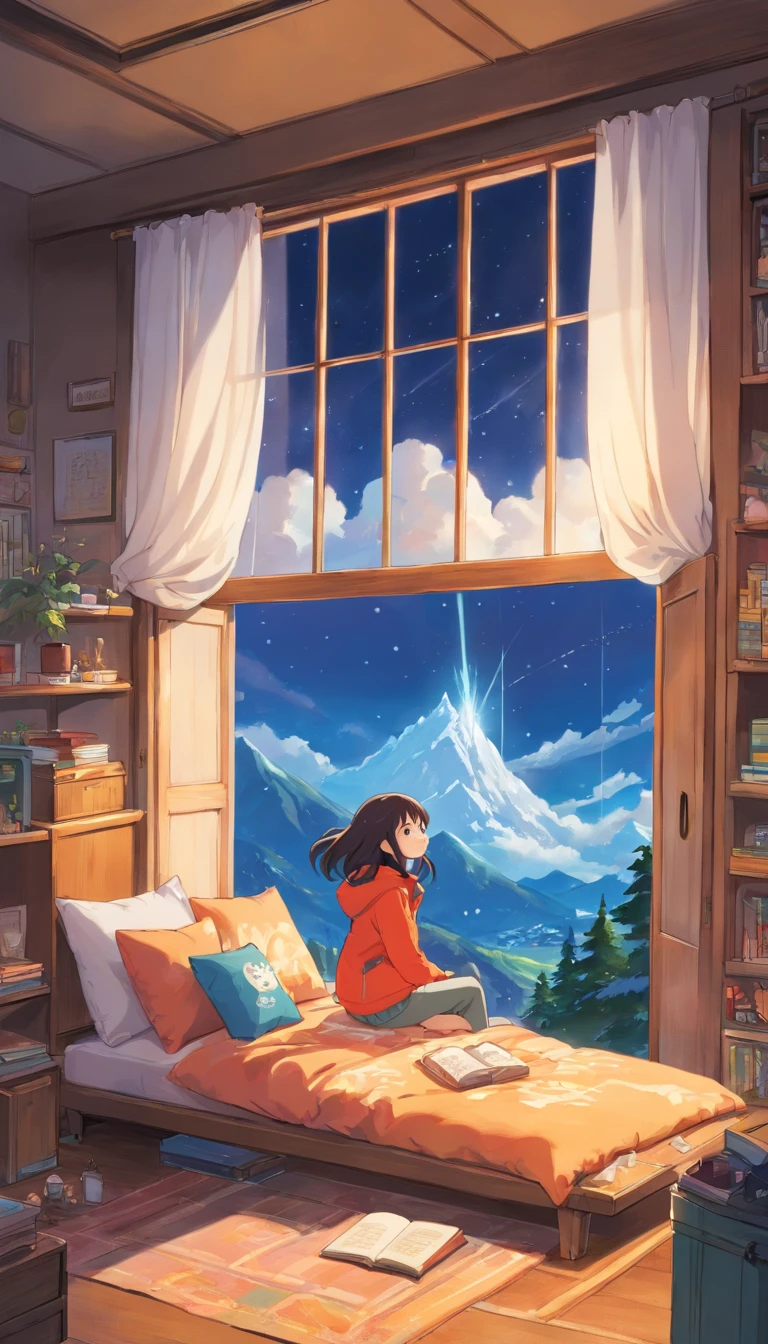heal，Reject EMO，Very happy，Very happy，Face life with a smile，rays of sunshine，long whitr hair，down jacket，Cloud Commissary，Cloud pillows，It was snowing outside the window