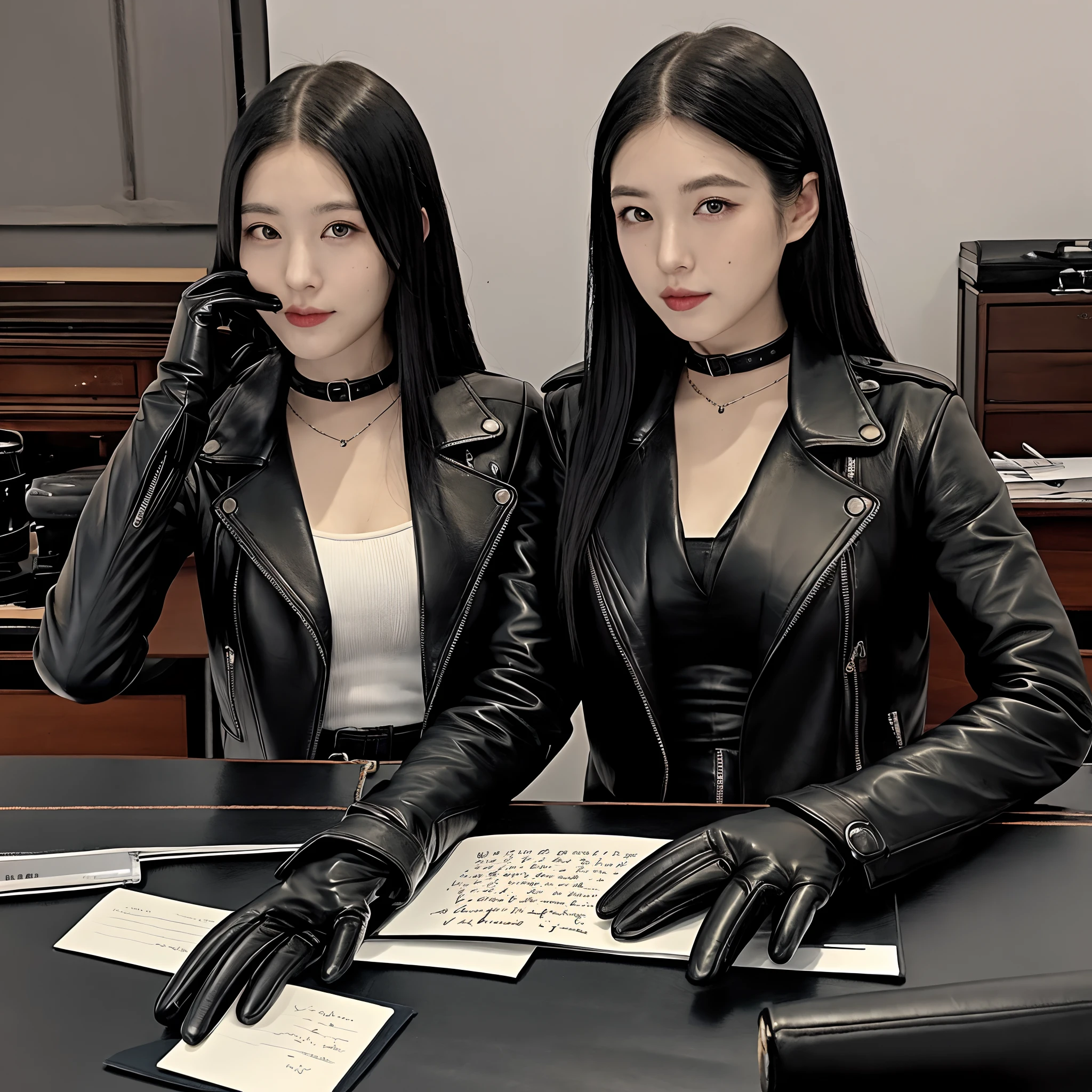 A woman wearing black gloves is holding someone's neck
