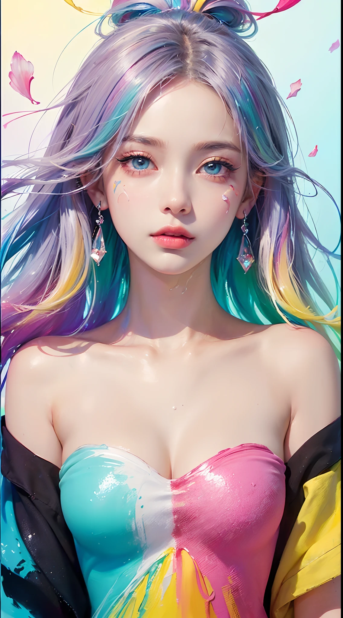 （Pink Fashion T-shirt：1.9），(Colorful hair: 1.8), (all the colours of the rainbow: 1.8),(((((vertical painting：1.6))), （painting：1.6），front, comics, illustrations, paintings, large eyes, crystal clear eyes,（ rainbow color gradient high ponytail：1.7）, exquisite makeup, closed mouth,(Small Fresh: 1.5),(Wipe Chest: 1.6) ，long eyelashes, white off shoulder T-shirt,  White Shoulder Shirt，looking at the audience, large watery eyes, (rainbow colored hair：1.6), color splash, （solo：1.8）, color splash, color explosion, thick paint style, messy lines, ((shining))，(colorful), (colorful), (colorful), colorful, Thick Paint Style, (Splash) (Color Splash), Vertical Painting, Upper Body, Paint Splash, Acrylic Pigment, Gradient, Paint, Highest Image Quality, Highest Quality, Masterpiece, Solo, Depth of Field, Face Paint,  colorful clothes, (Elegant: 1.2), gorgeous,long hair, wind, (Elegant: 1.3), (Petals: 1.4)，(((masterpiece))),(((best quality))),((ultra-detailed)),(illustration),(dynamic angle),((floating)),(paint),((disheveled hair)),(solo),(1girl) , (((detailed anima face))),((beautiful detailed face)),collar,bare shoulders,white hair, ((colorful hair)),((streaked hair)),beautiful detailed eyes,(Gradient color eyes),(((colorful eyes))),(((colorful background))),(((high saturation))),(((surrounded by colorful splashes))),