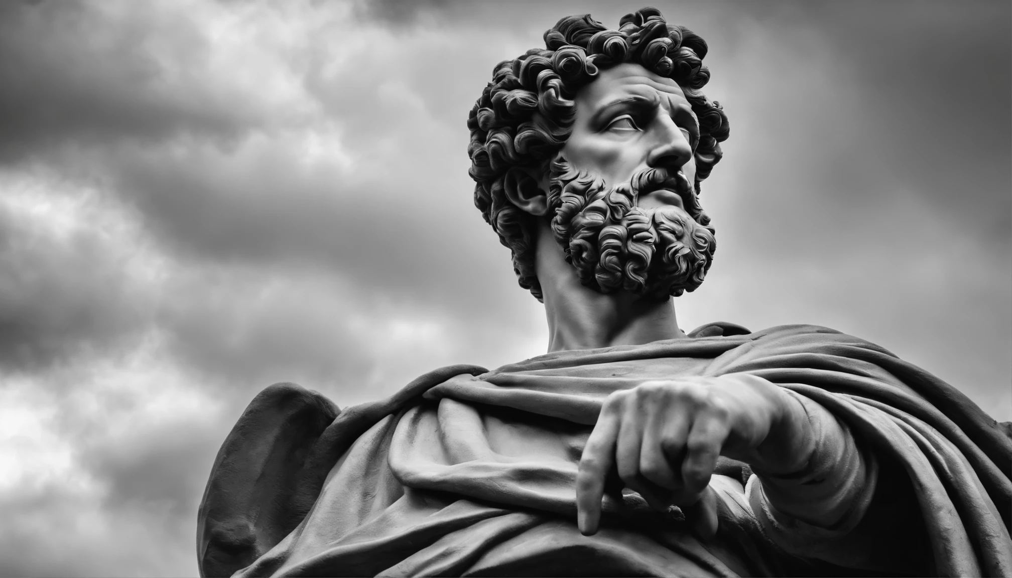 a portrait statue of the Stoic Marcus Aurelius in black and white 4K,Face de lado, papel de parede super realista , pointing his index finger at the sky