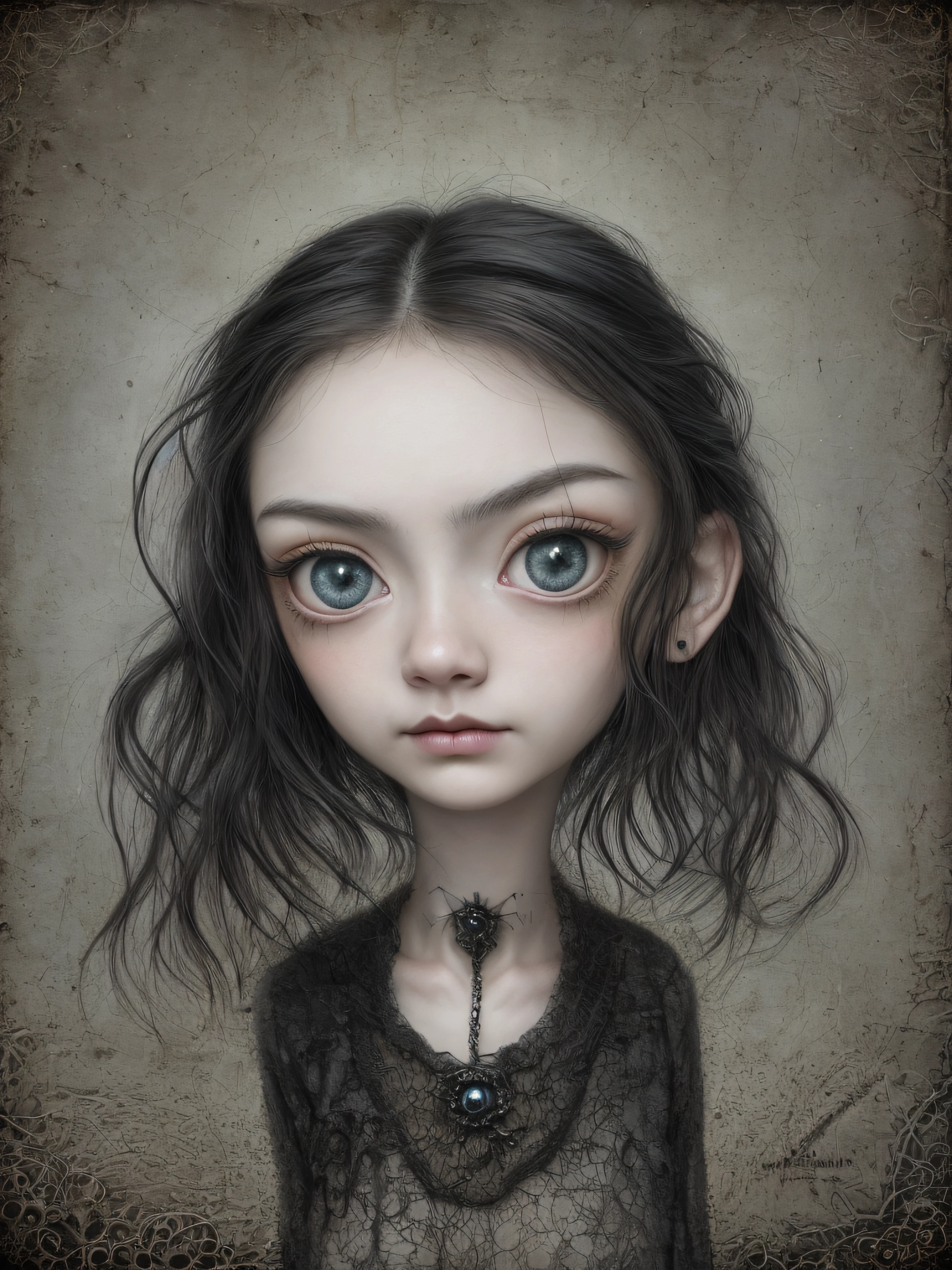 Un primer plano de una chica muy triste con el pelo largo (rubio) y los ojos grandes y azules, Anton Semenov, Mark Ryden muy detallado, Estilo Mark Ryden, Mark Ryden en el estilo de, Estilo de Mark Ryden, inspirado por Mark Ryden, Naoto Hattori, Adorable pintura digital, cara linda. DarkFantasy, Estilo Wlop Loish y Clamp