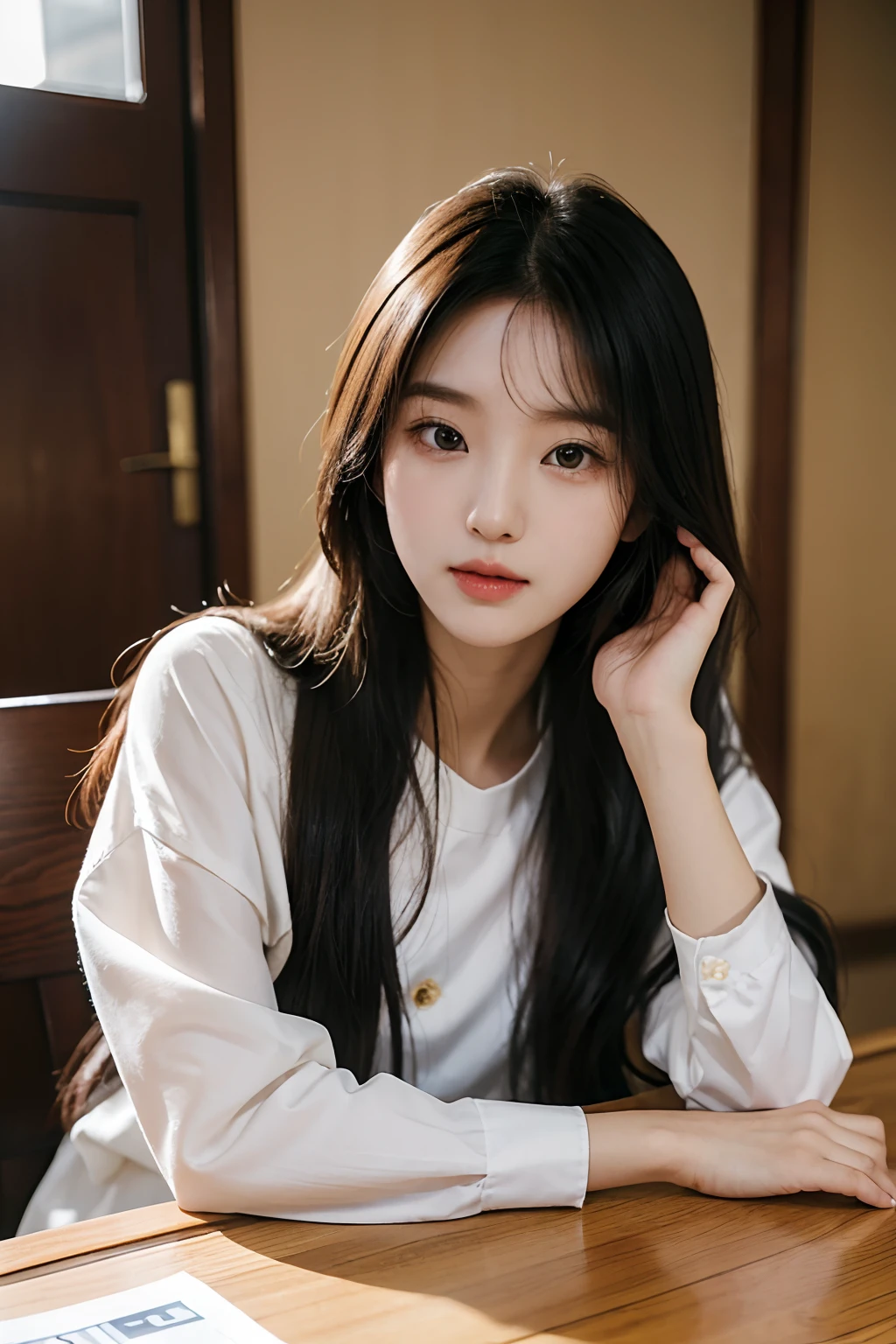 There is a woman with long hair sitting at a table, wan adorable korean face, shot with Nikon Z9, Young adorable Korean face, Portrait of female Korean idol, she has a cute expressive face, young cute wan asian face, captured on canon eos r 6, she has a cute face, shot with Canon EOS R 5, photographed in a Canon EOS R5