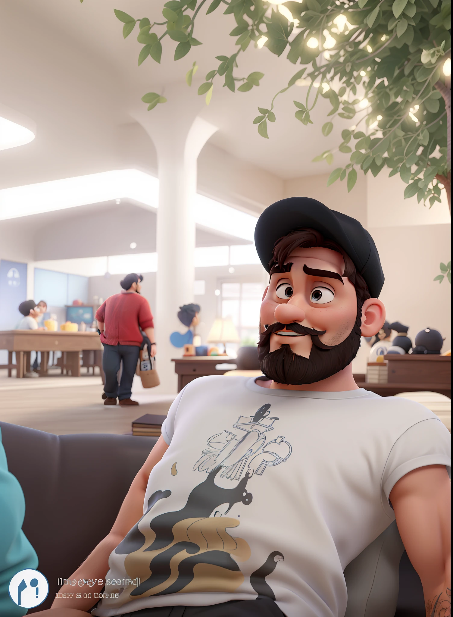 Create Disney Pixar style image of a man with a beard and black cap