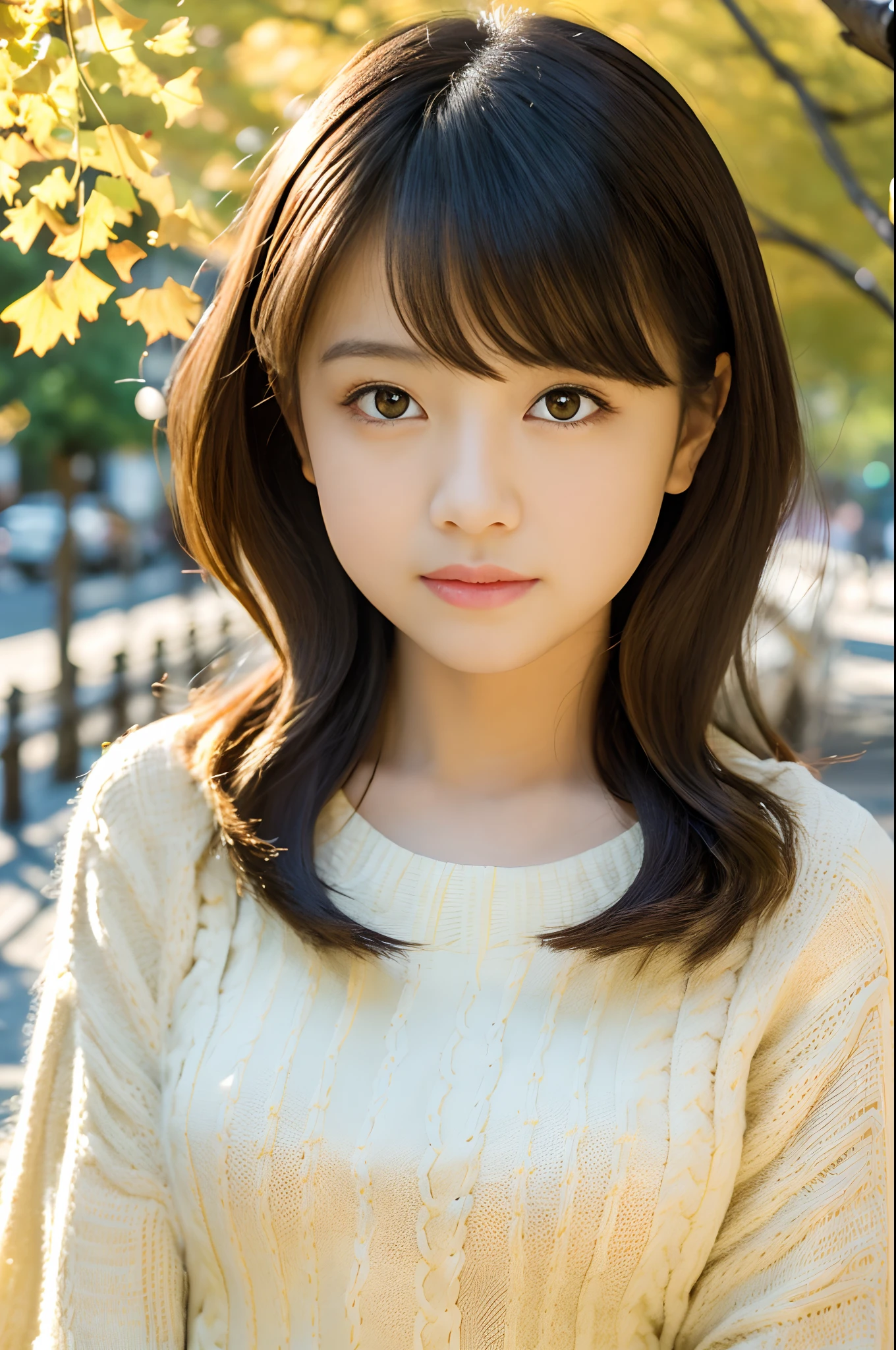 (Raw photo:1.2), (Photorealistic), Beautiful detailed girl, Very detailed eyes and face, Beautiful detailed eyes, Huge file size, High resolution, Very detailed, Best Quality, [masutepiece:1.6], Illustration, Very detailed, Fine detail, Best Quality, 8K Wallpaper, Movie Lighting, 15-year-old idol of Japan, There are countless ginkgo trees around. 
, tree-lined street, Countless yellow and green ginkgo leaves flutter, kawaii eyes, Long wavy black hair,  White sweater,  Brown pleated skirt, Red ribbons, Black boots, Slim Boti, Immature body, Young Face, Smaller chest,   Ginkgo biloba street tree,Autumn landscape, Autumn sunny, Sardine cloud, bright expression
